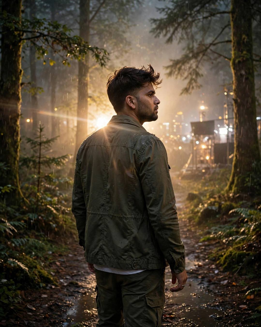 Young Indian man in olive field jacket walking away on a misty forest path in light rain, golden backlight flaring through trees
