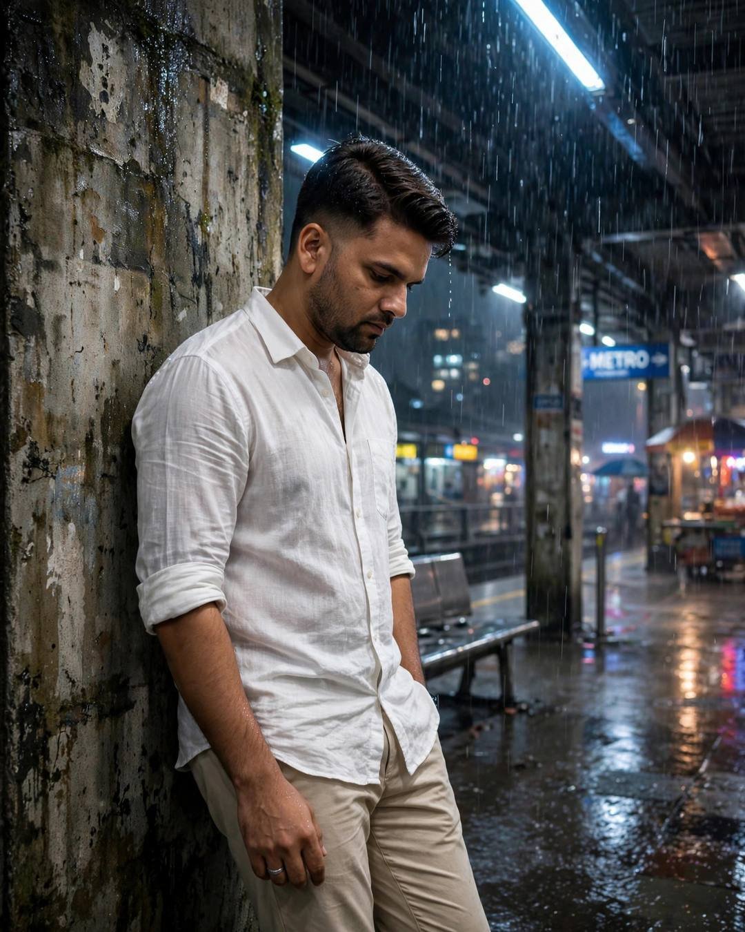 Young Indian man in white linen shirt leaning against a weathered wall at a midnight metro station in heavy monsoon rain