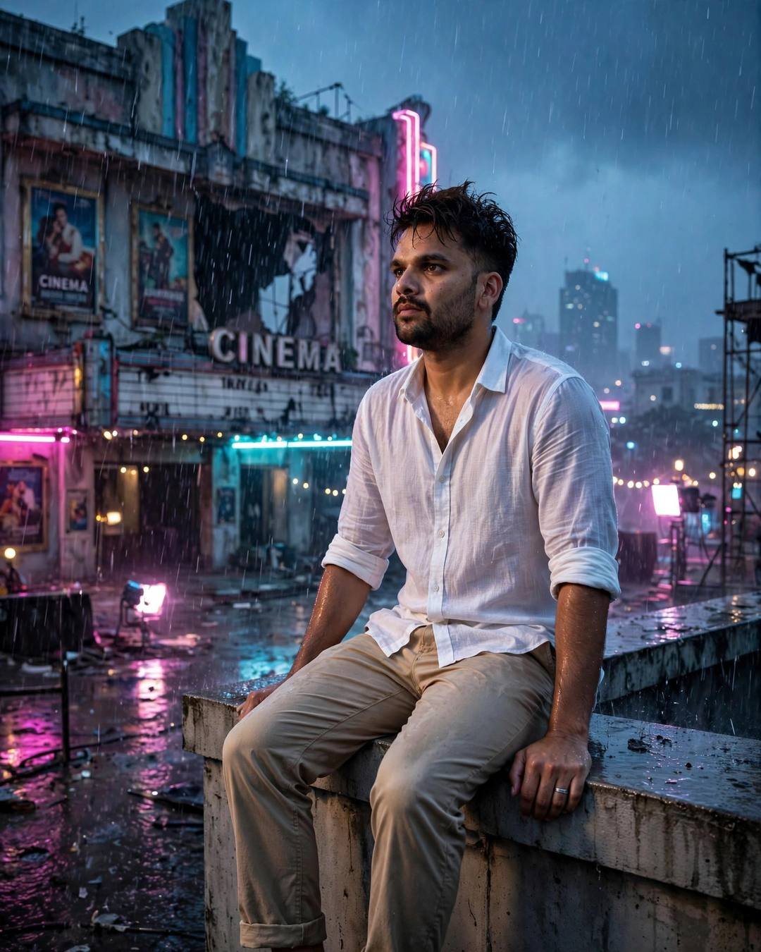 Young Indian man in white linen shirt sitting on a rooftop ledge in rain, abandoned cinema with pink and cyan neon glow behind