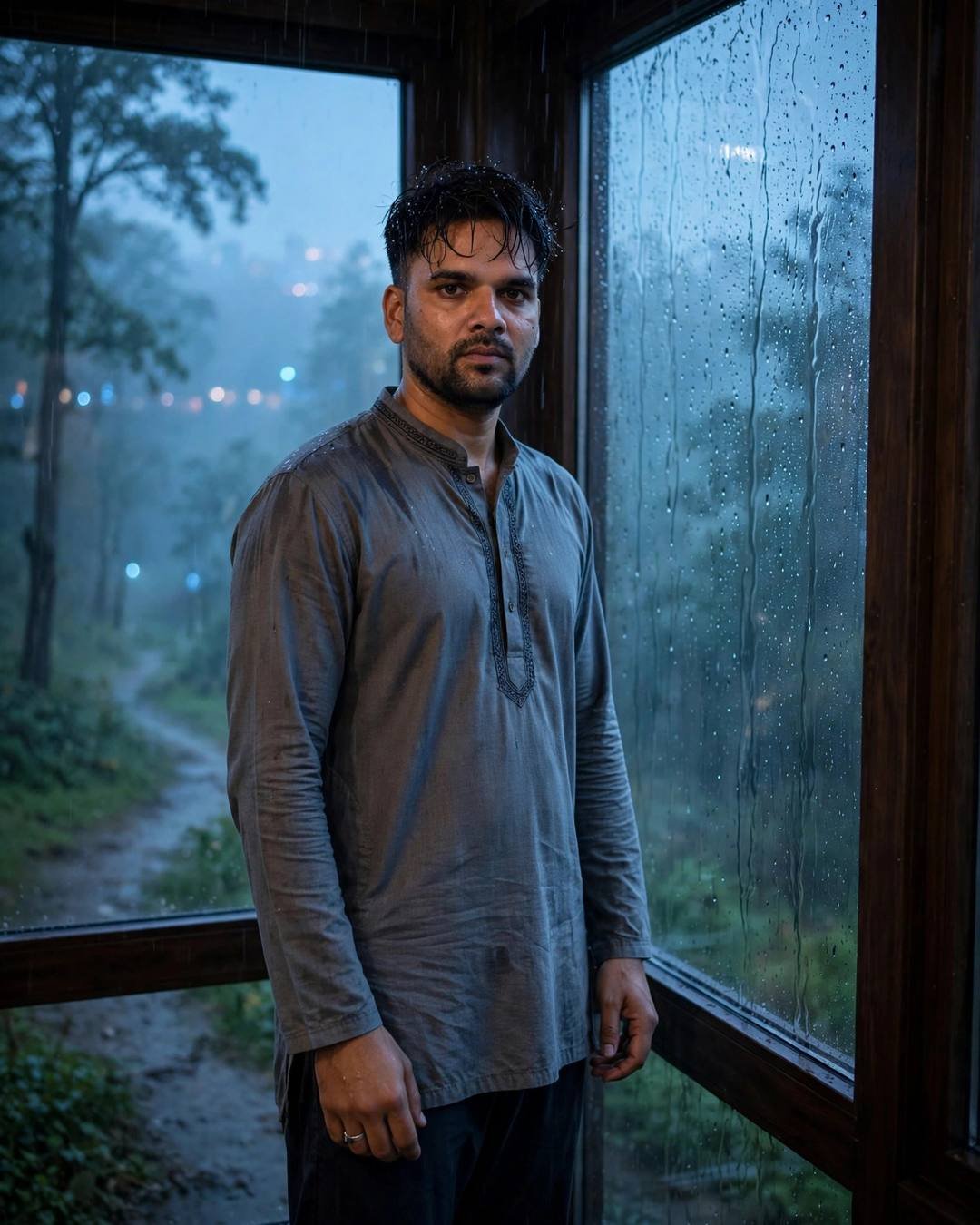 Young Indian man in grey kurta standing at a rain-streaked window at night, one hand on the glass, misty forest path glowing blue beyond