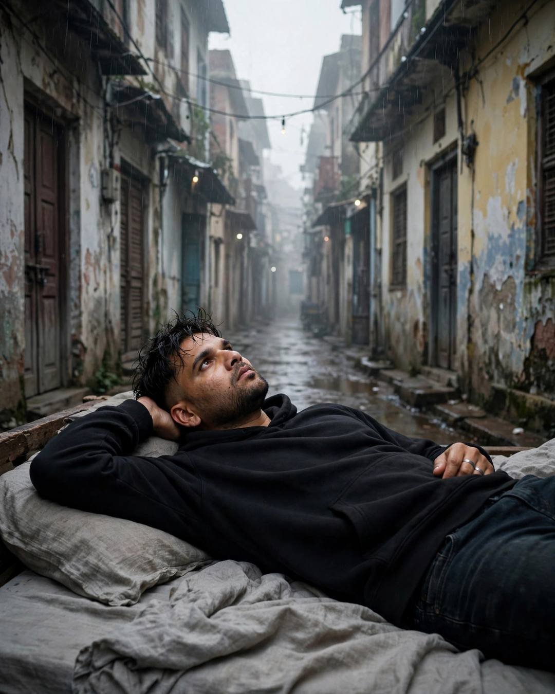 Young Indian man in black hoodie lying on a bed in a narrow old-city lane at dawn, pale light filtering through fog