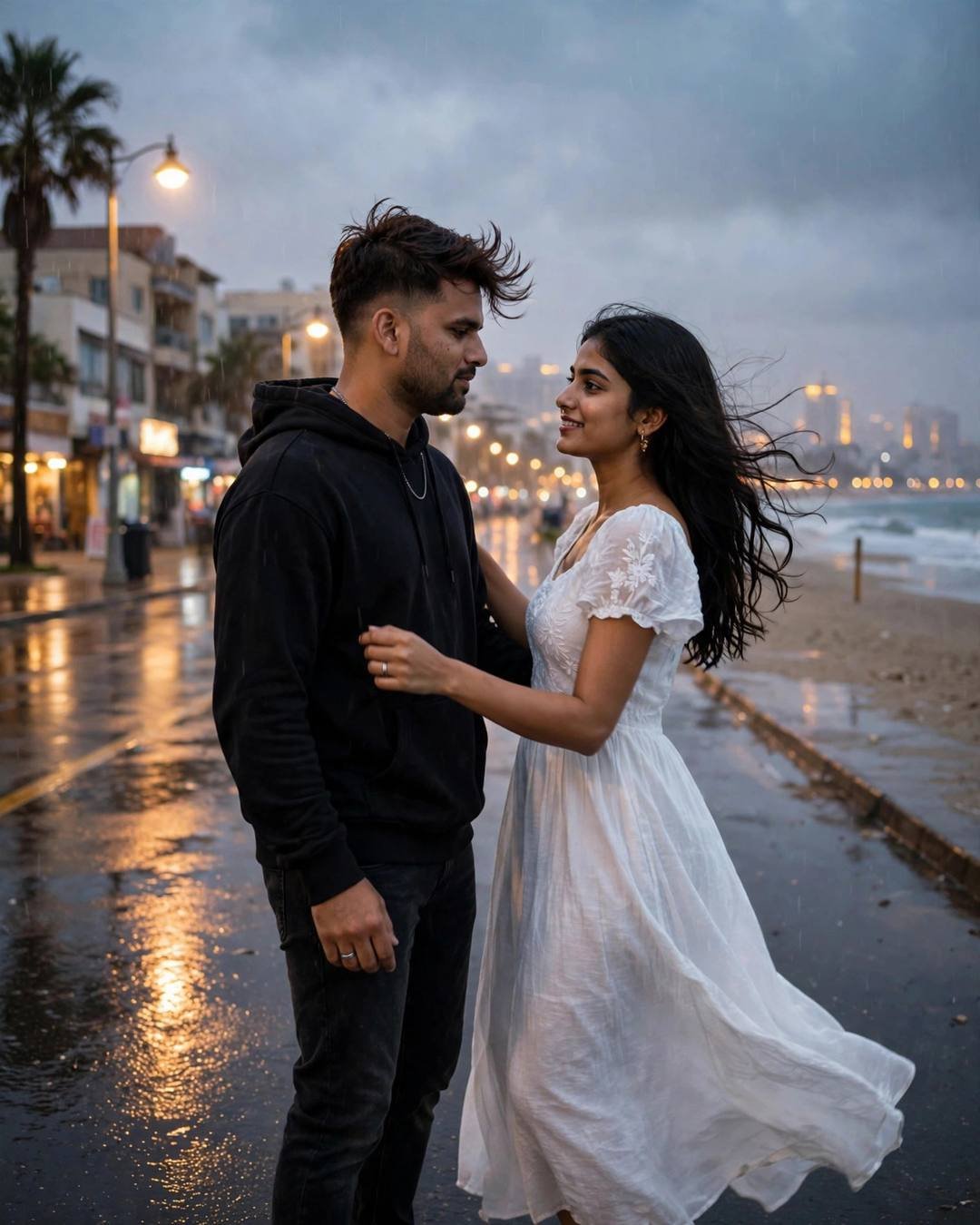 Couple dancing on an empty beachside street at dusk, woman in white dress