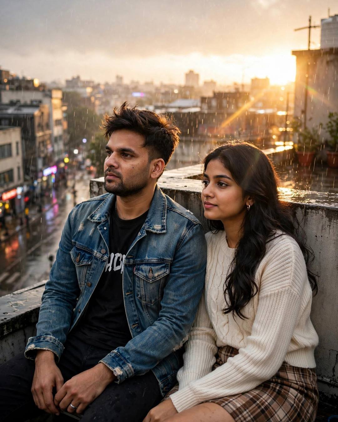 Couple sitting on a rooftop at golden hour overlooking a rainy city