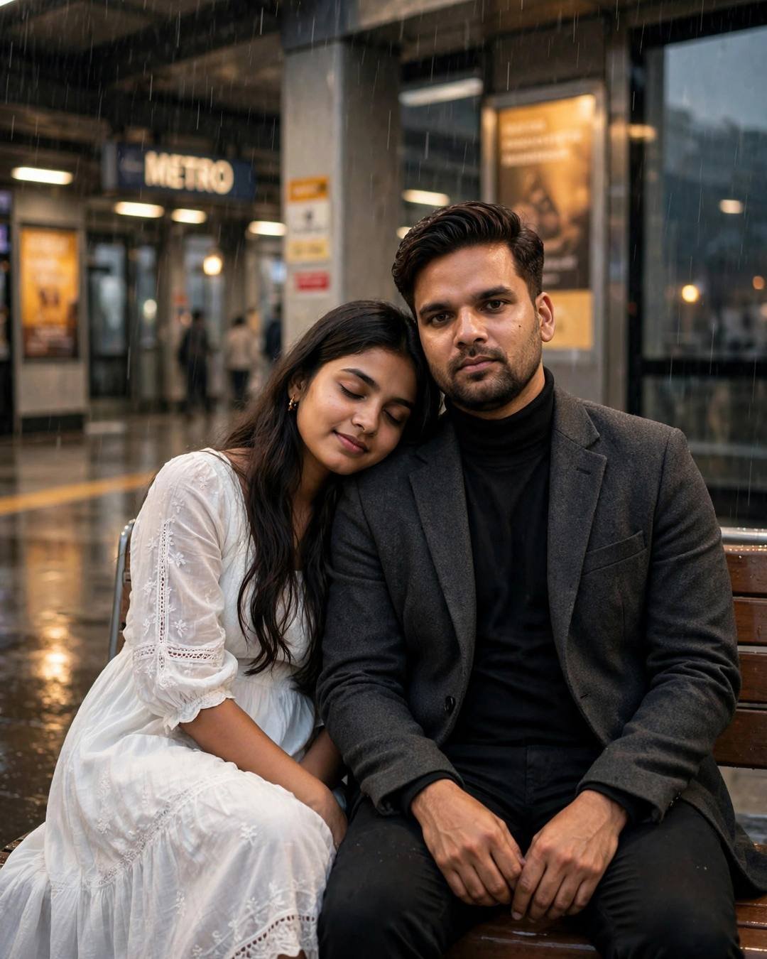 Couple on a bench outside a metro station, her head on his shoulder in drizzle