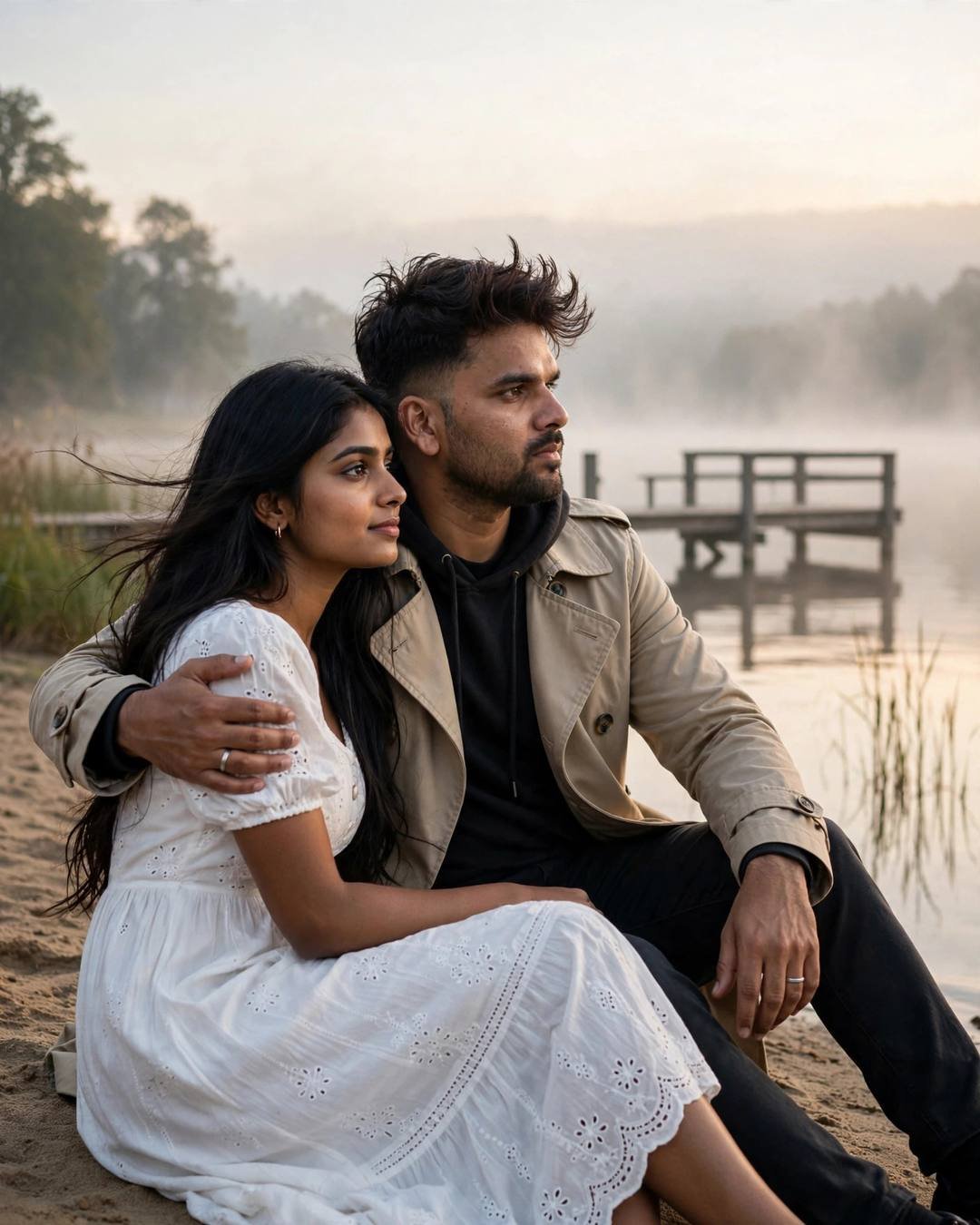 Couple sitting on sand by a lake pier at dawn, shadows merging