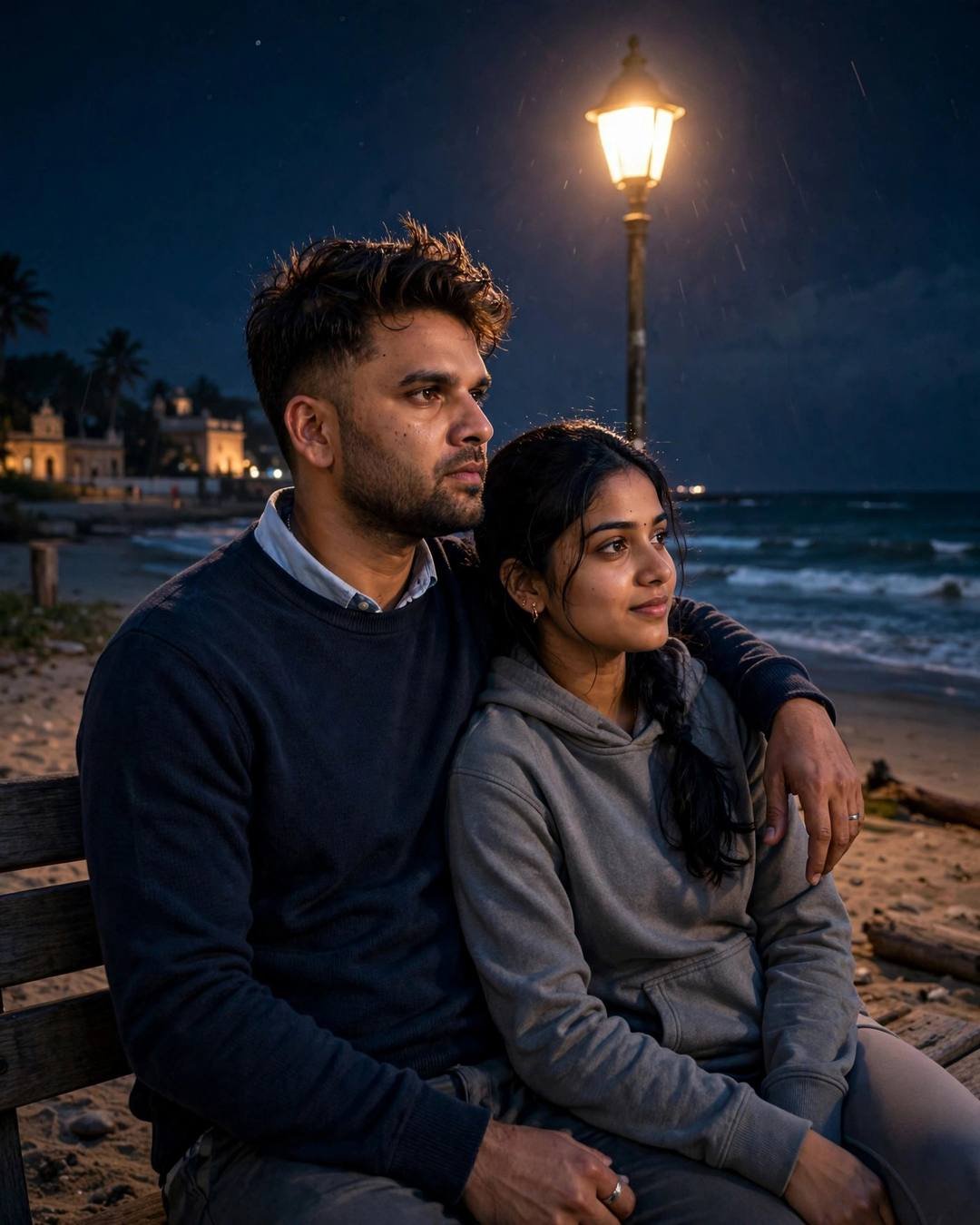 Young couple sitting on a park bench by the sea at night under a lone streetlamp, man's arm around the woman, waves beyond
