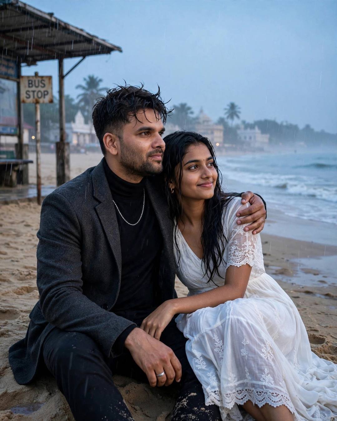 Young couple sitting on the sand by an old bus stop near the sea at dawn, man's arm around the woman, man in charcoal blazer, woman in white lace dress