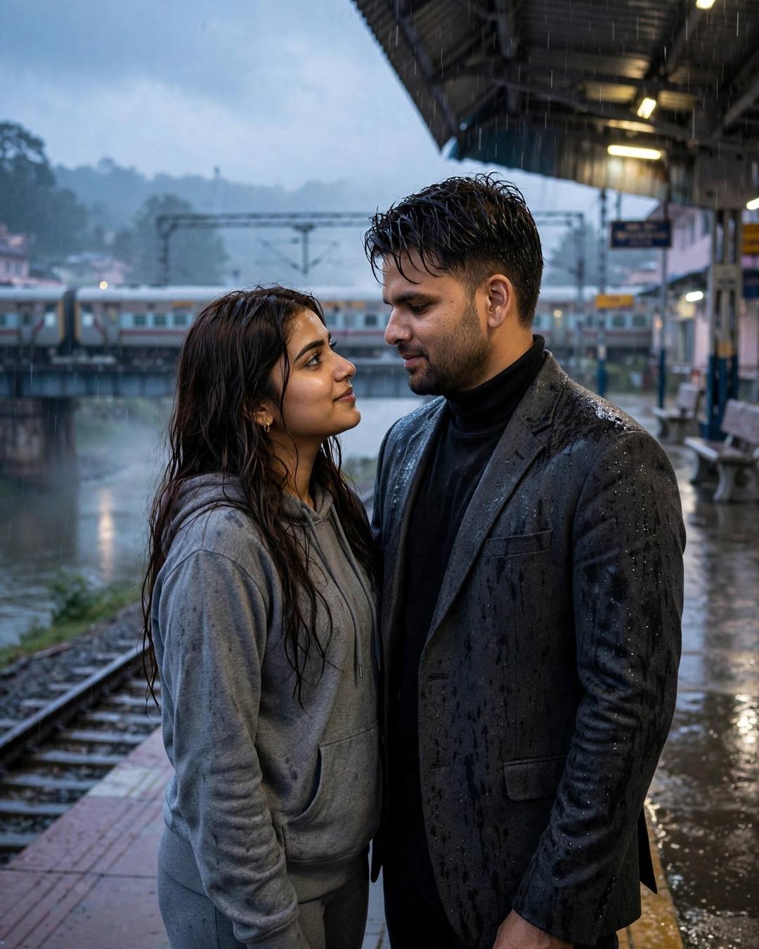 Couple in a last embrace on a rainy railway platform, man in charcoal blazer and black turtleneck, woman in grey hoodie, train behind