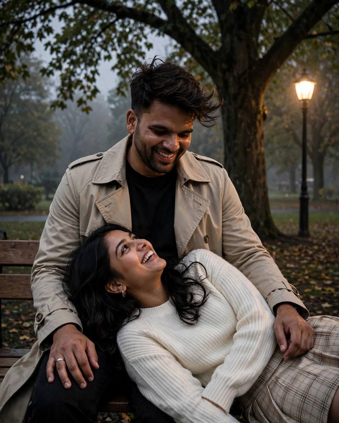 Couple laughing softly on a park bench under a lone lamp, man in beige trench coat, woman in cream knit top with head in his lap