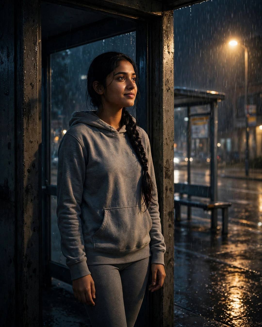 Young Indian woman in grey hoodie standing half in shadow in a rainy bus-stop doorway at midnight