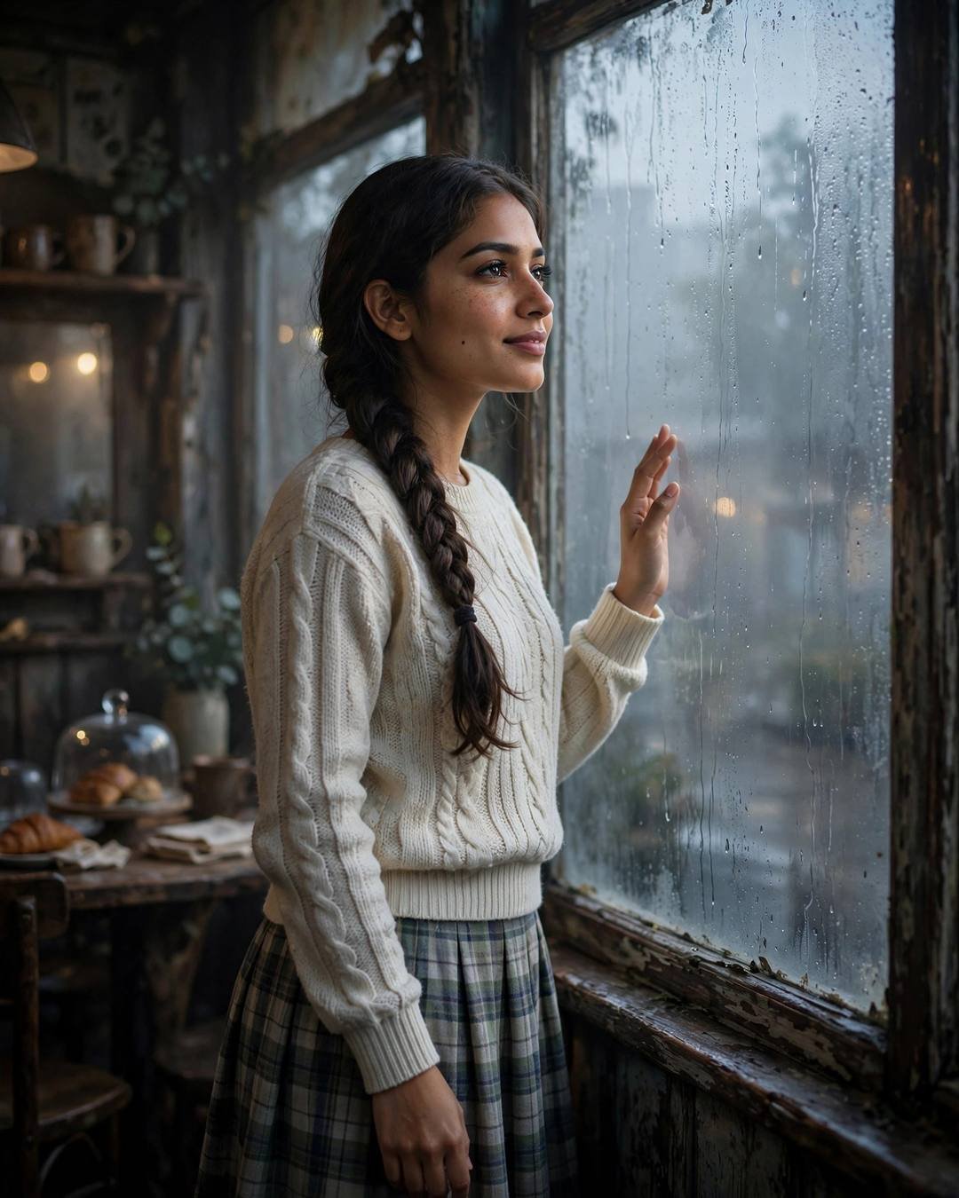 Young Indian woman in cream knit top with hand on a rain-streaked cafe window in fog