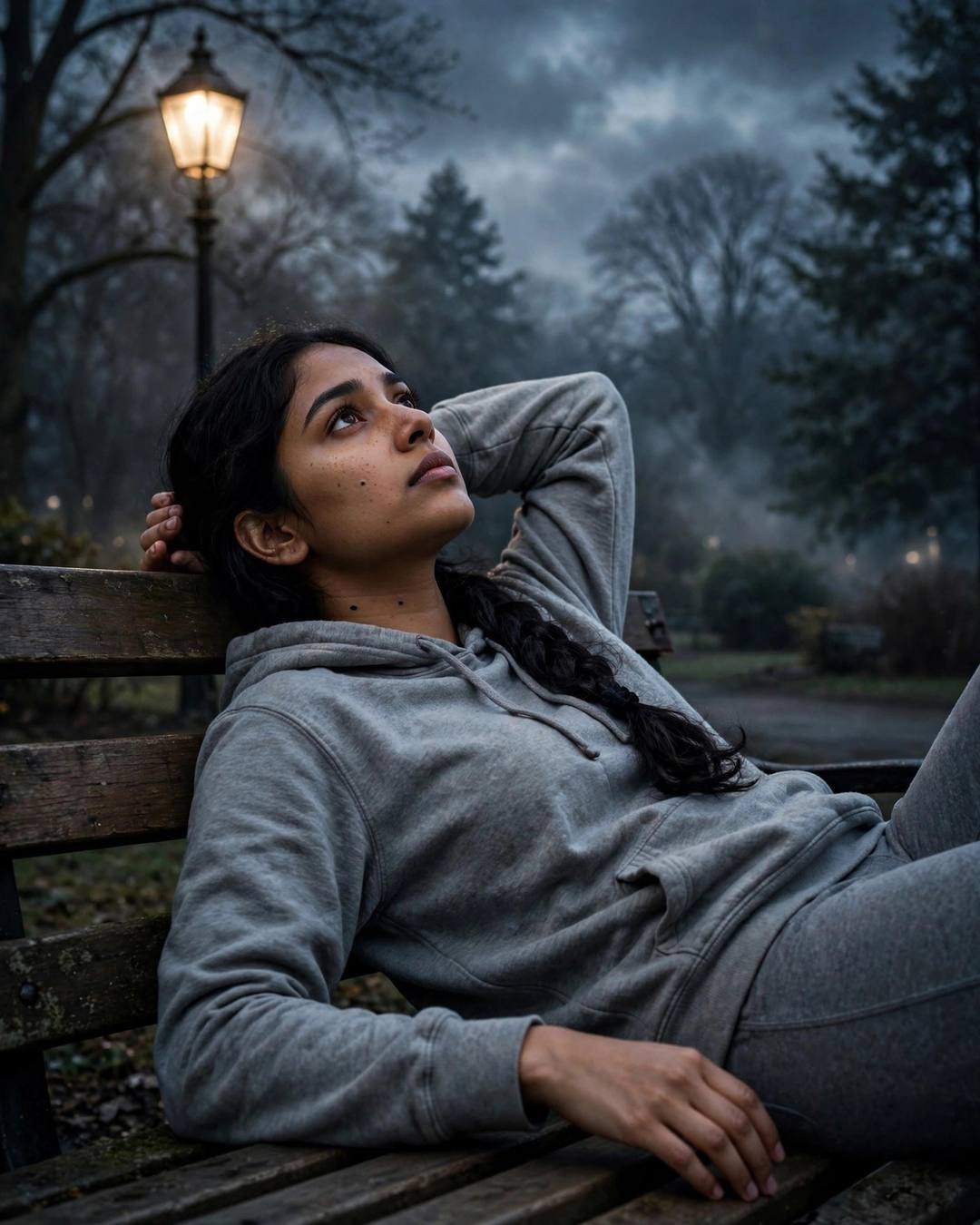 Young Indian woman in grey hoodie reclining on a park bench under a lone lamp at midnight