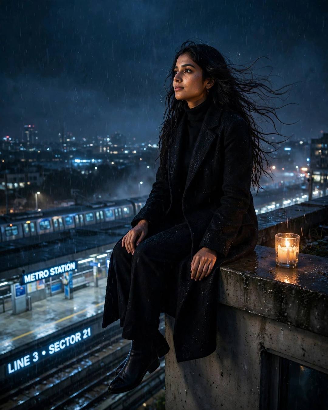 Young Indian woman in black turtleneck and long coat sitting on a rooftop ledge above a midnight metro station with a candle