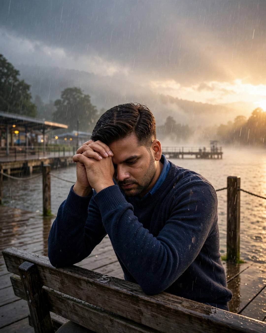 Young Indian man in a navy sweater sitting on a rain-soaked lake pier bench at dawn, head in his hands, golden light flaring through monsoon rain