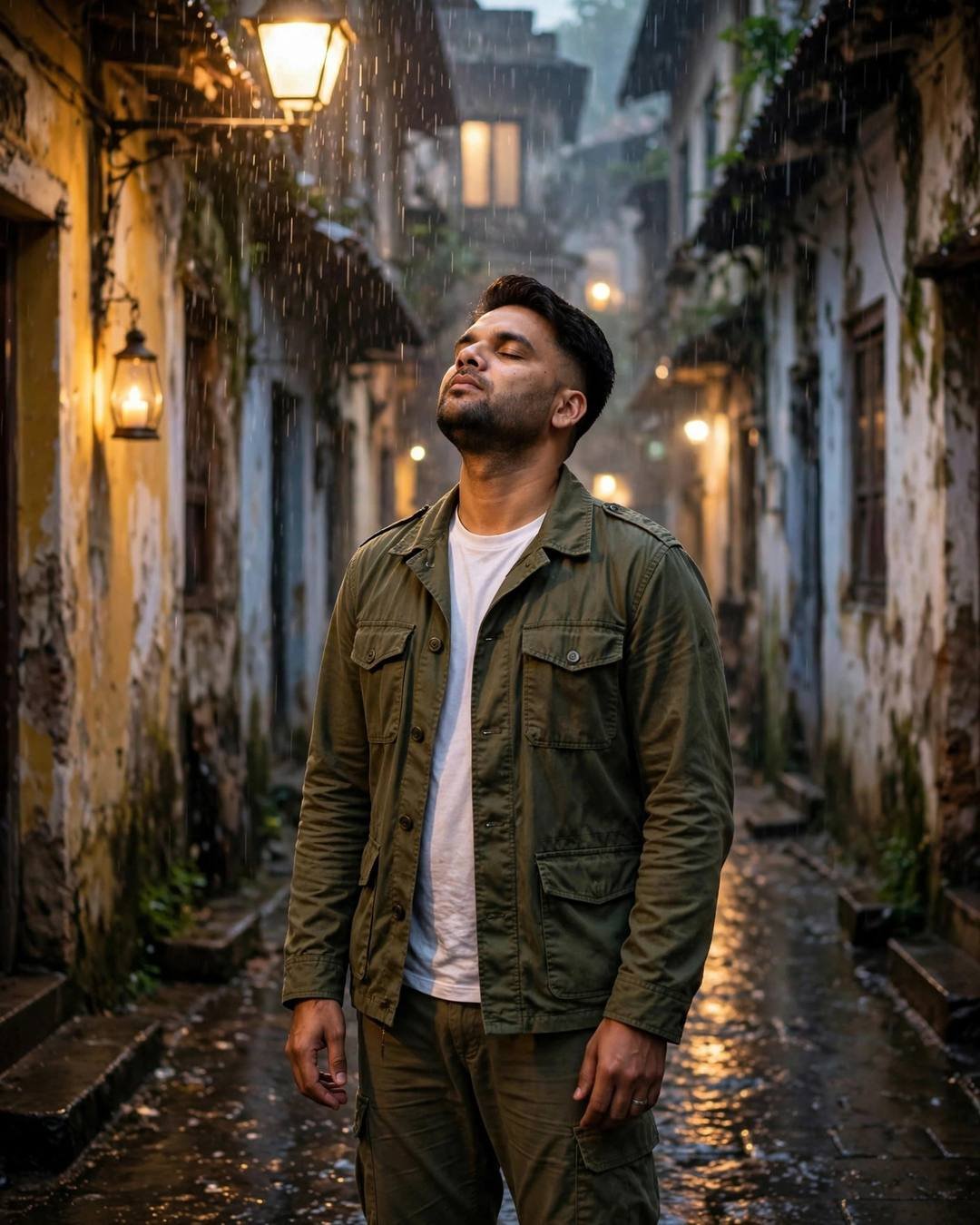 Young Indian man in an olive field jacket standing in a rainy old-city lane, face lifted to the sky under a warm streetlamp