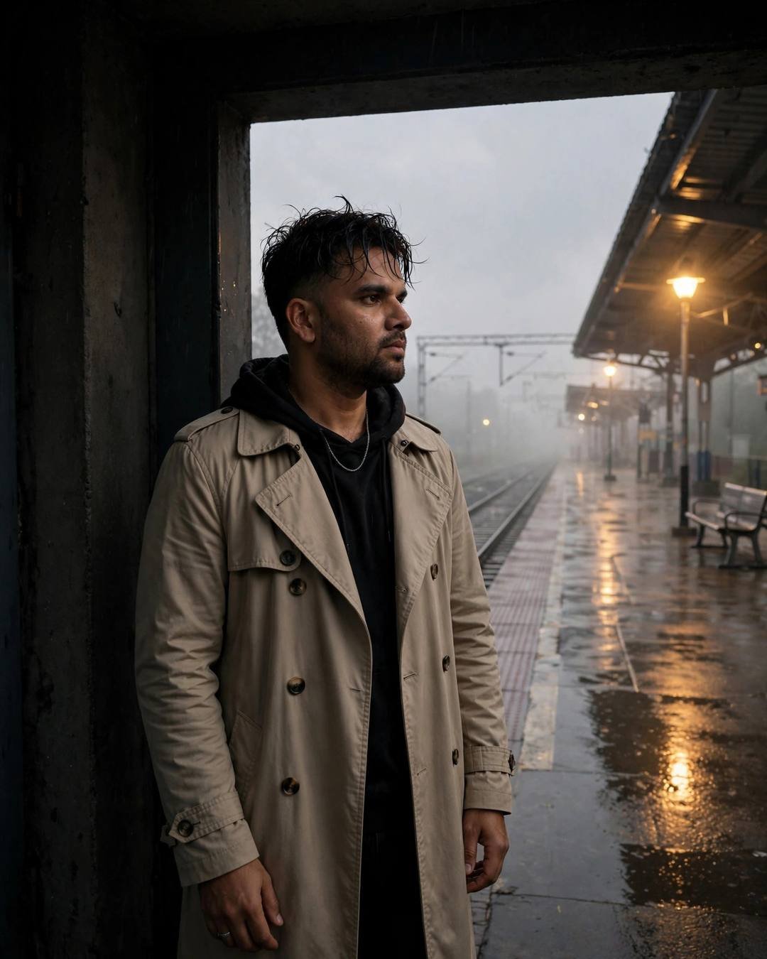 Young Indian man in a beige trench coat standing half in shadow in a doorway at an empty rainy railway platform at night