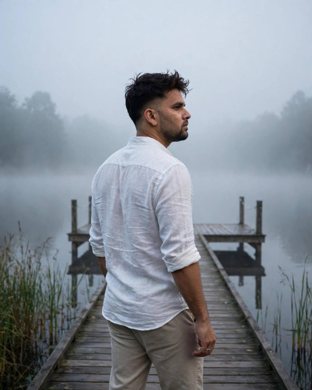 Young Indian man in a white linen shirt walking away down a fog-covered wooden pier at dawn
