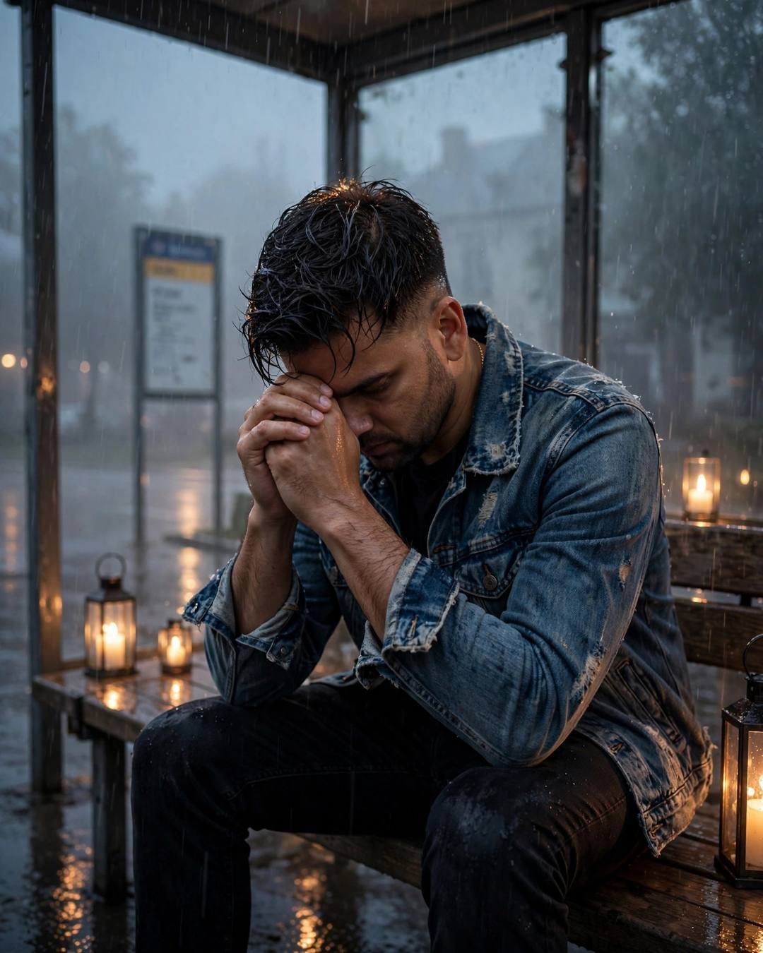 Young Indian man in a denim jacket sitting at a foggy rain-soaked bus stop, head in his hands, candlelight glowing