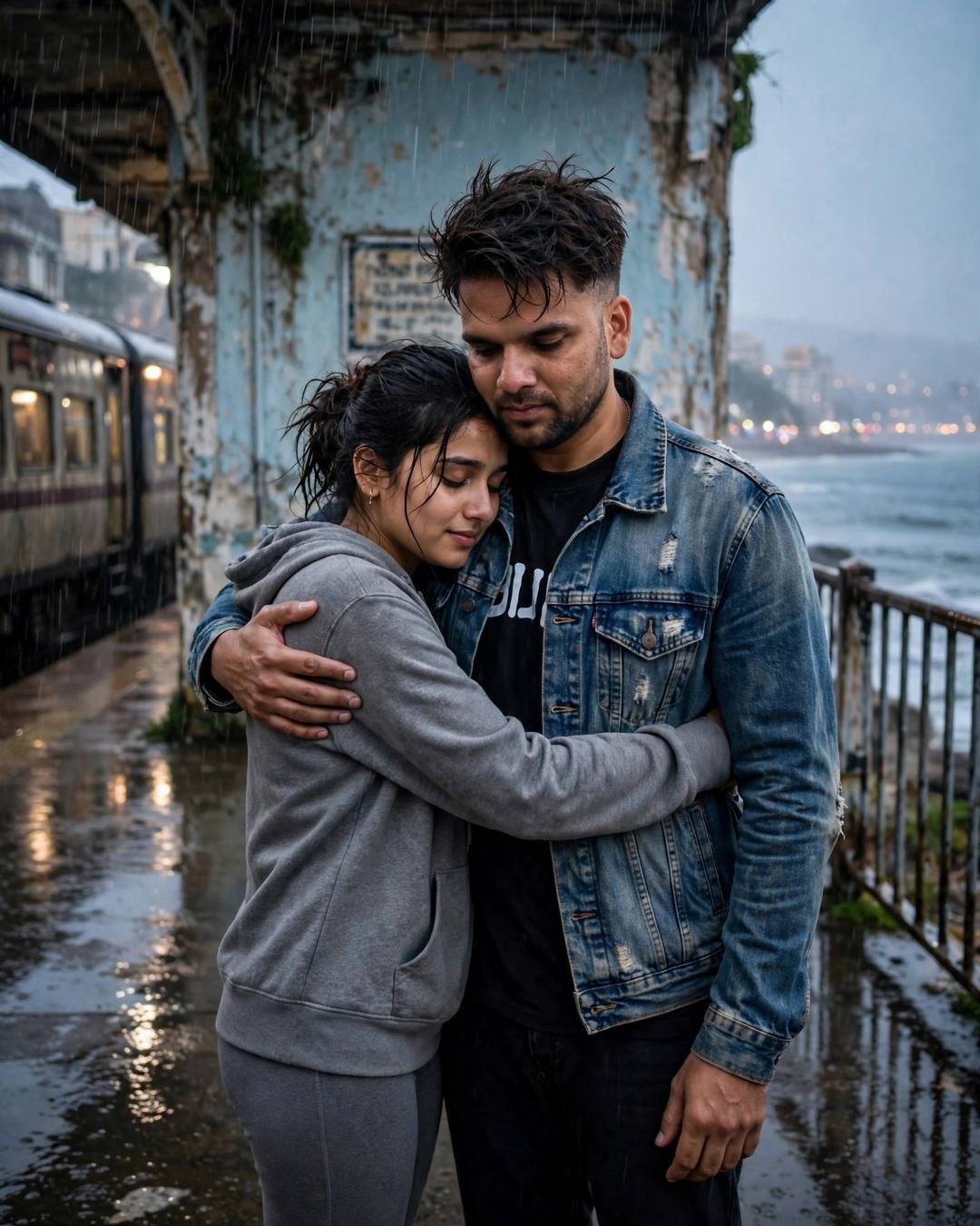 Young couple sharing a close hug on a rainy railway platform, a train waiting nearby, peeling old wall and sea in the background