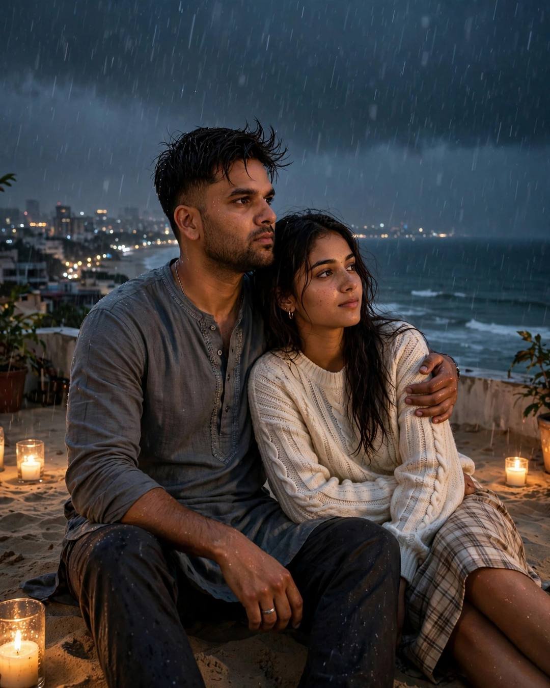 Young couple sitting on night sand surrounded by lit candles, watching monsoon waves, city lights blurred in the distance