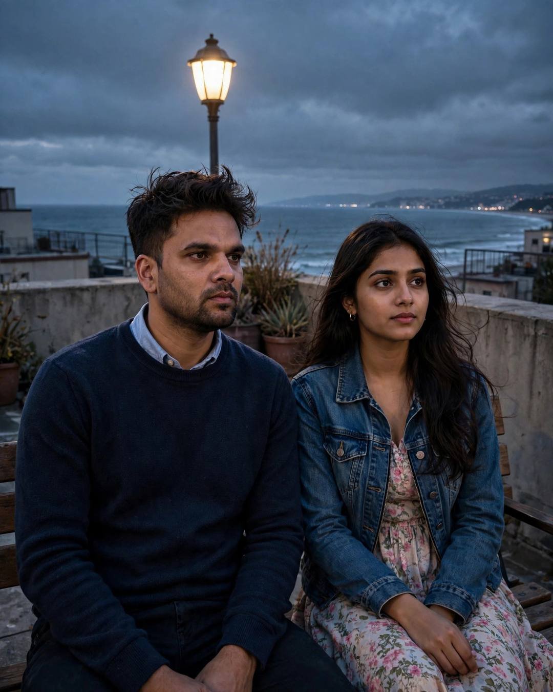 Young couple sitting side by side on a rooftop bench under a lone lamp at night, sea and distant lights beyond