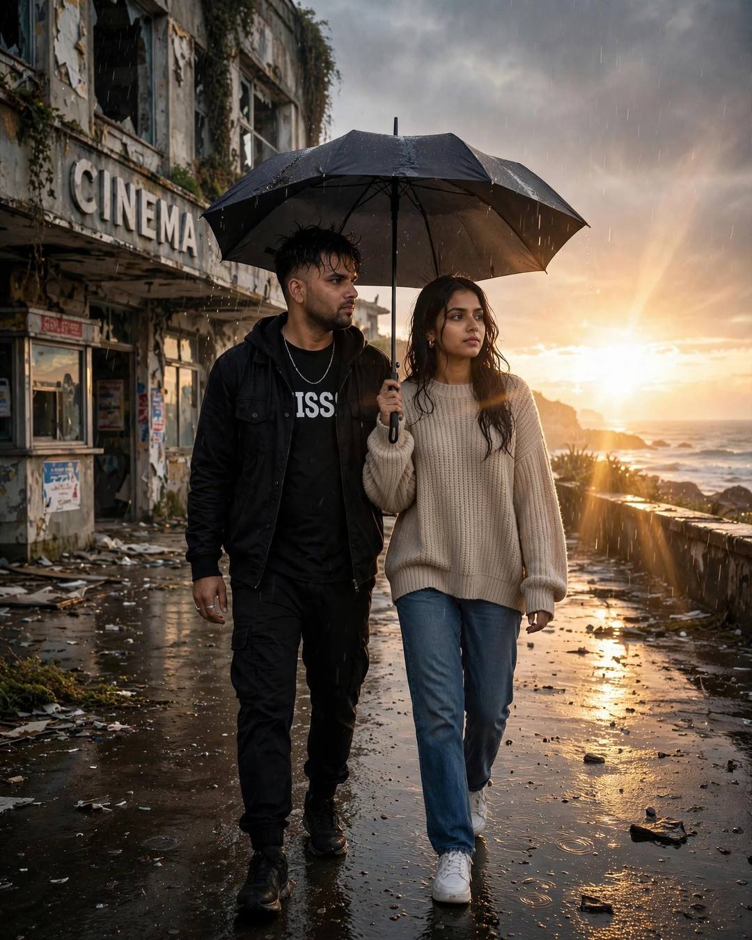 Young couple walking under one umbrella on a wet street before an abandoned cinema, golden sunrise flaring through the drizzle