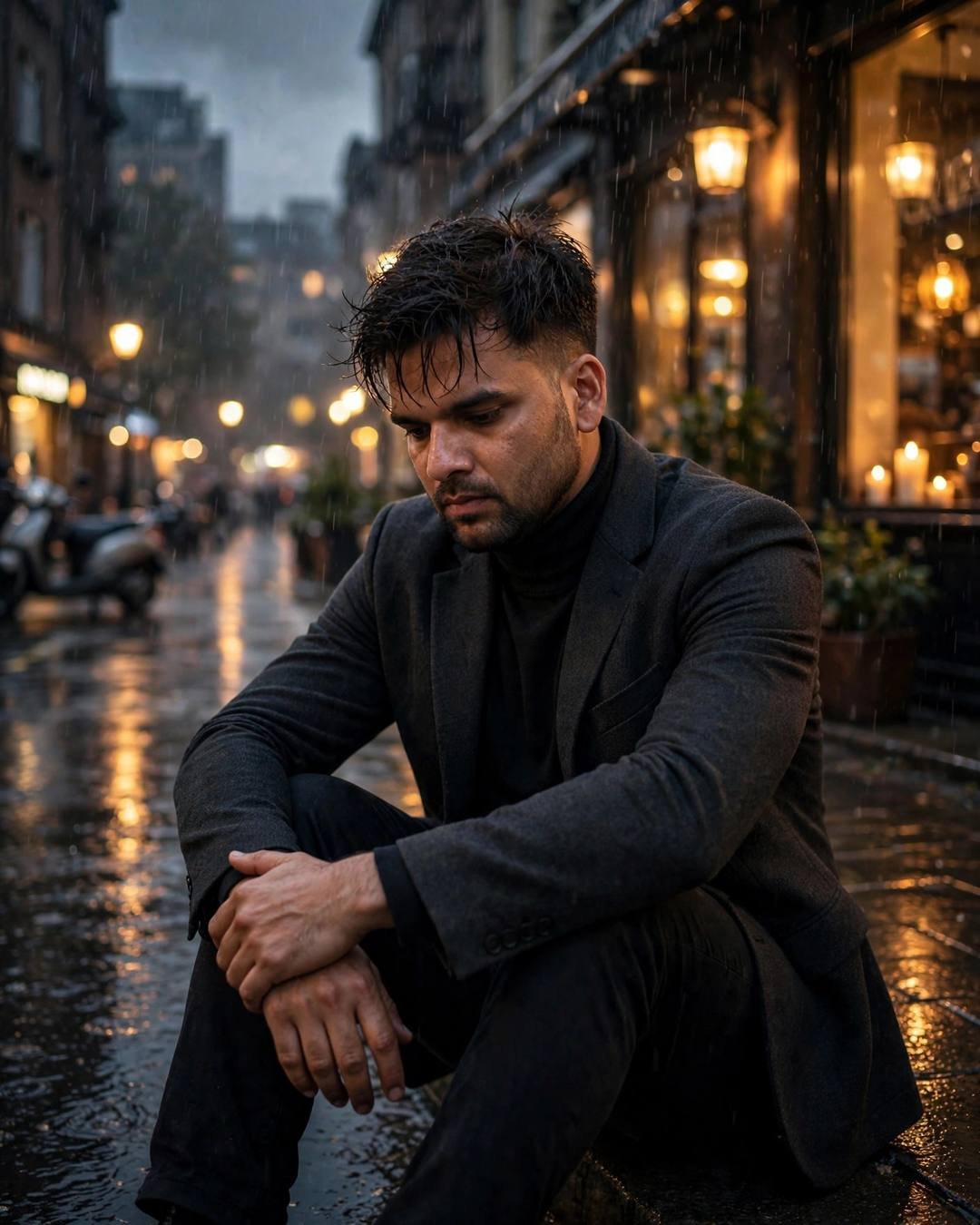 Young Indian man in a charcoal blazer and black turtleneck sitting with knees drawn up on a rain-soaked city street, candlelit shop windows behind