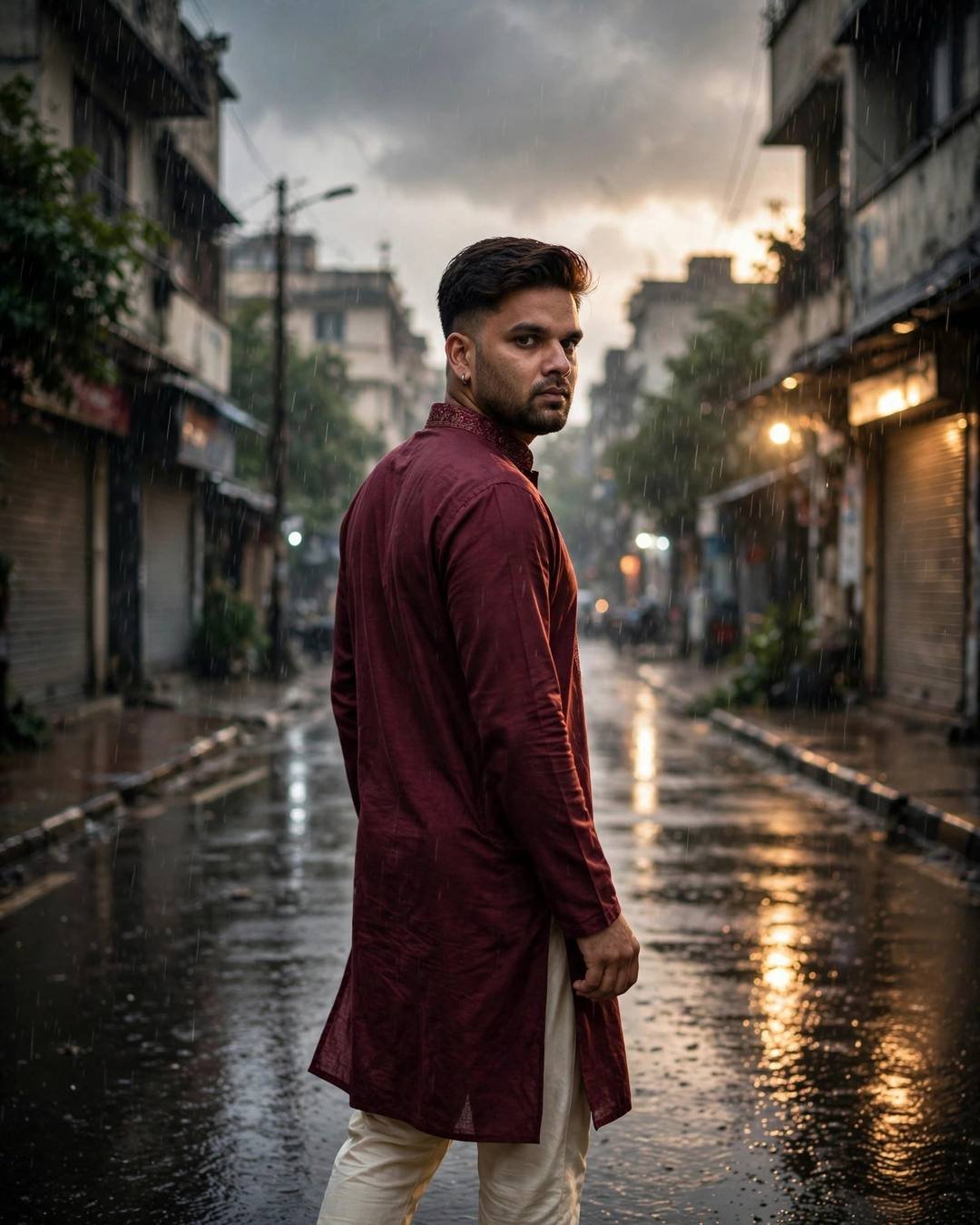 Young Indian man in a maroon kurta with cream churidar walking away down a rain-soaked old-city street, looking back over his shoulder