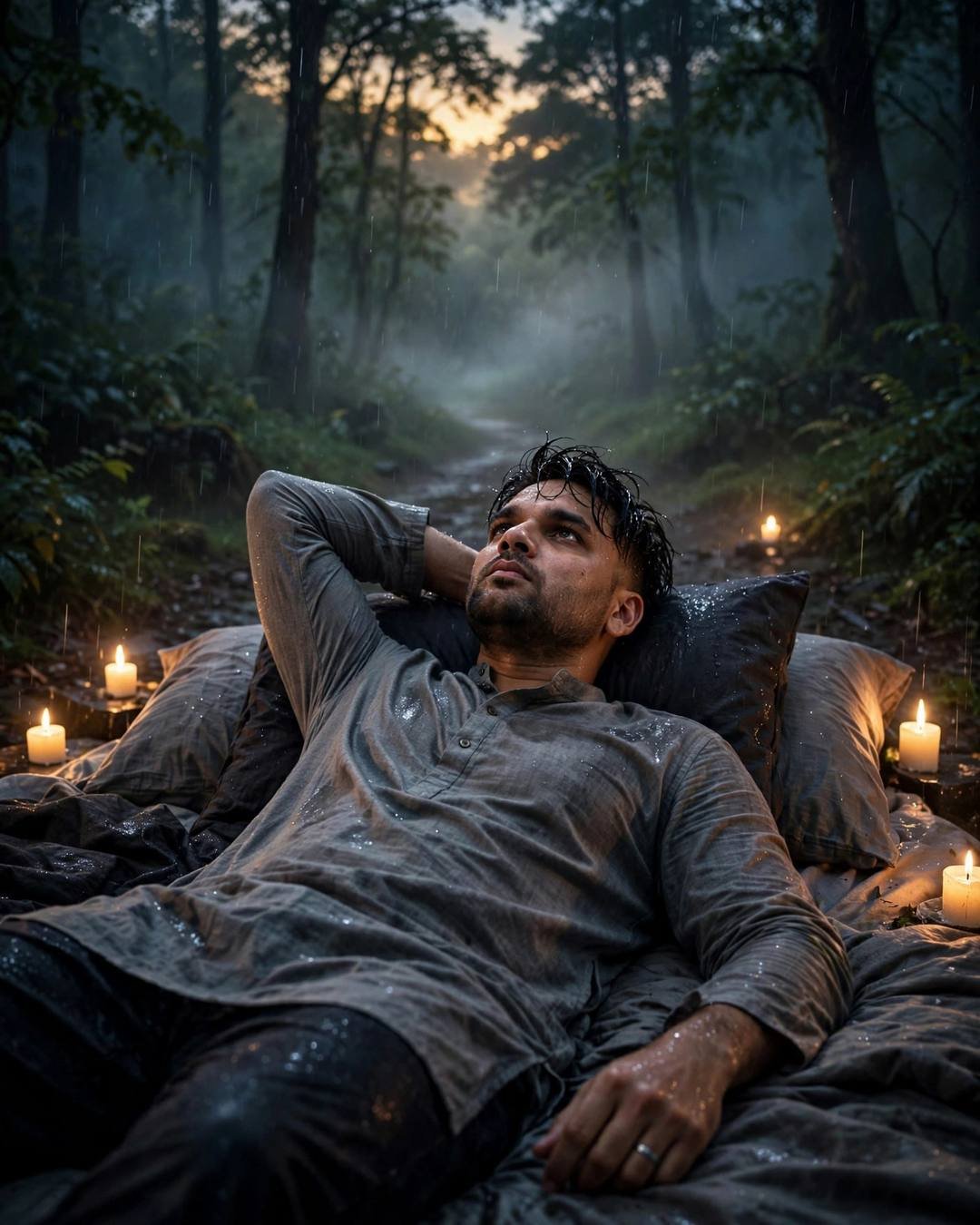 Young Indian man in a grey kurta reclining on a bed in a misty forest path, arm behind his head, lit candles burning around him