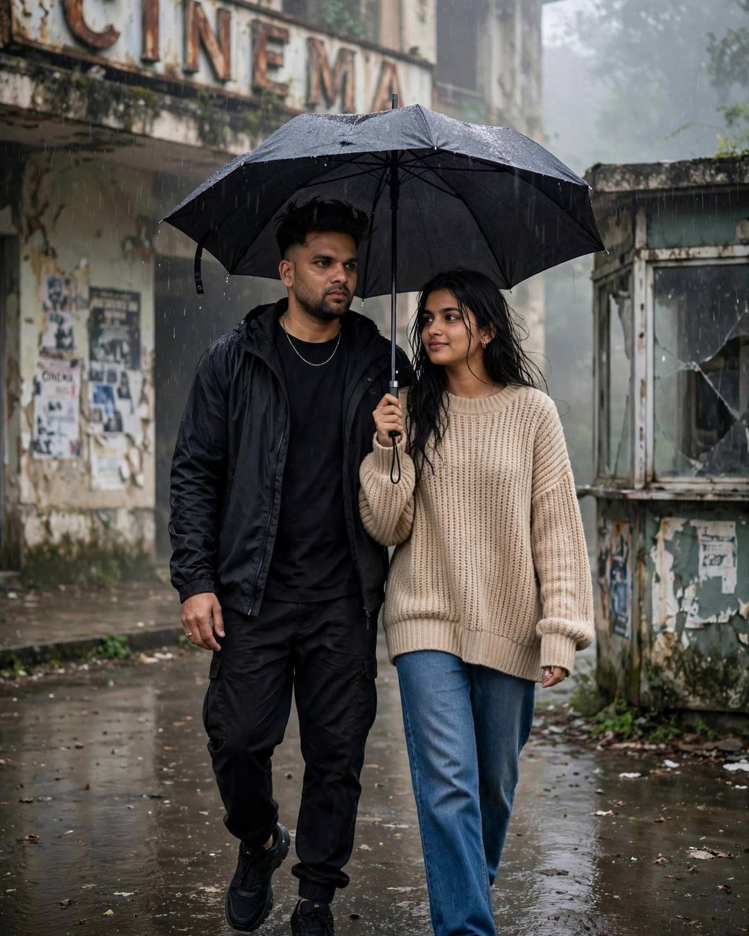 Couple sharing one umbrella outside an abandoned cinema hall in the rain at dawn, cinematic AI photograph