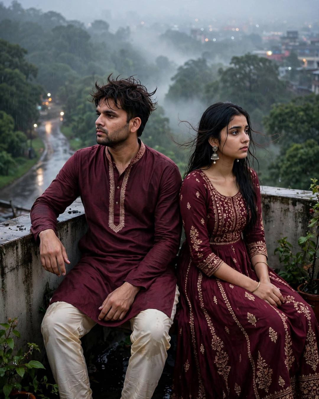 Couple in maroon traditional wear sitting back to back on a rainy rooftop at dawn