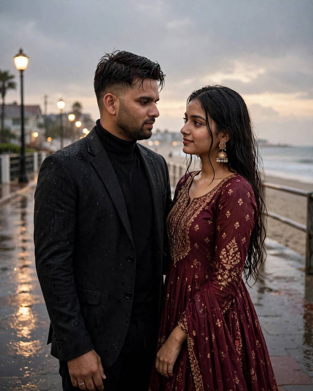 Couple facing each other on a rainy promenade at dusk, last slow dance