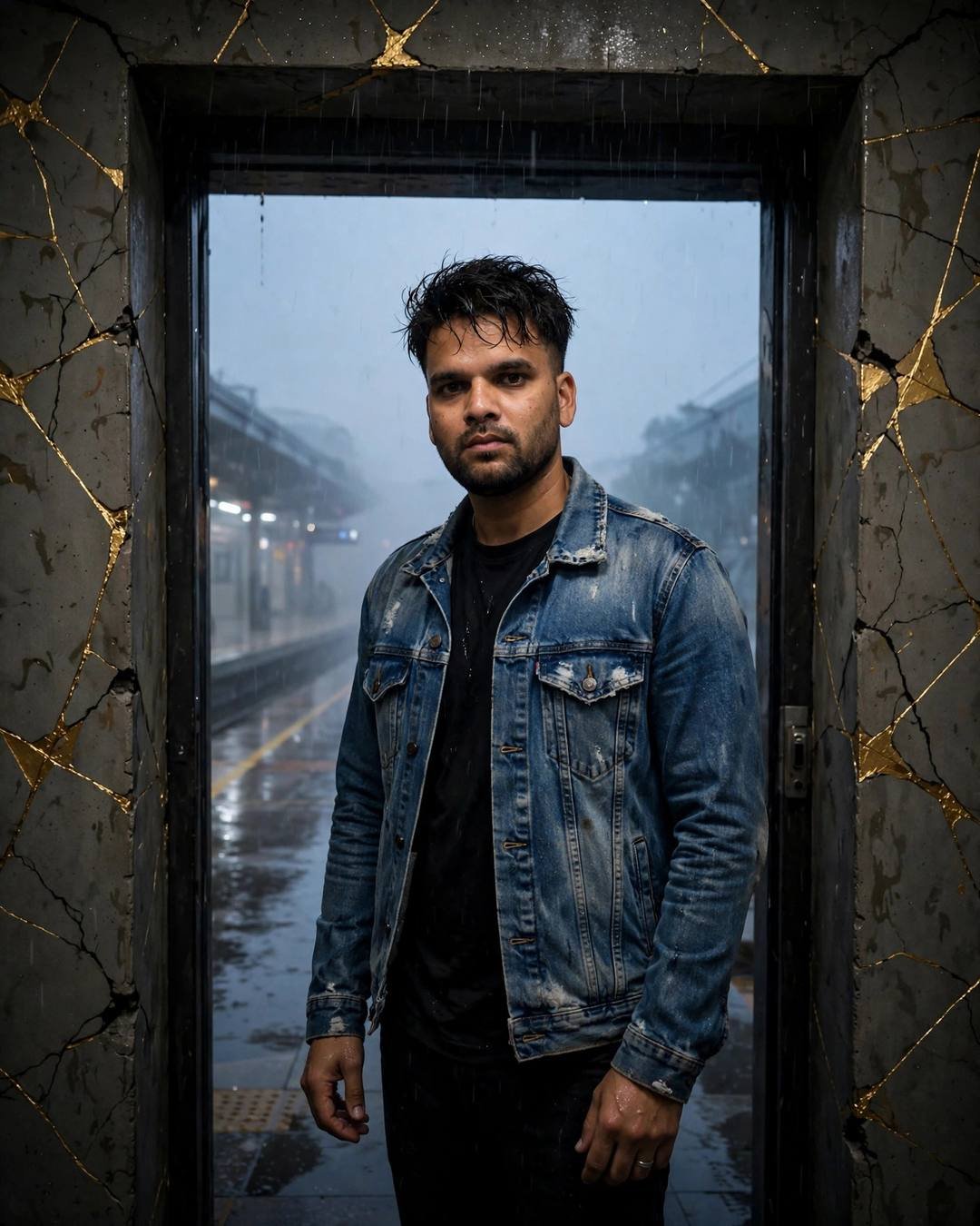 Man in denim jacket standing half in shadow in a gold-cracked doorway at a midnight metro station