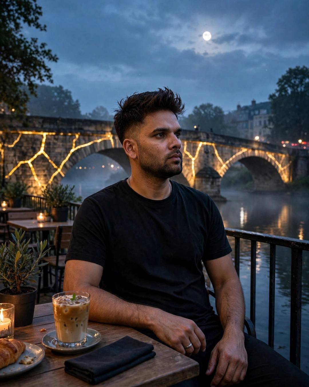 Man in black streetwear at a riverside cafe table at night with a moonlit gold-cracked bridge