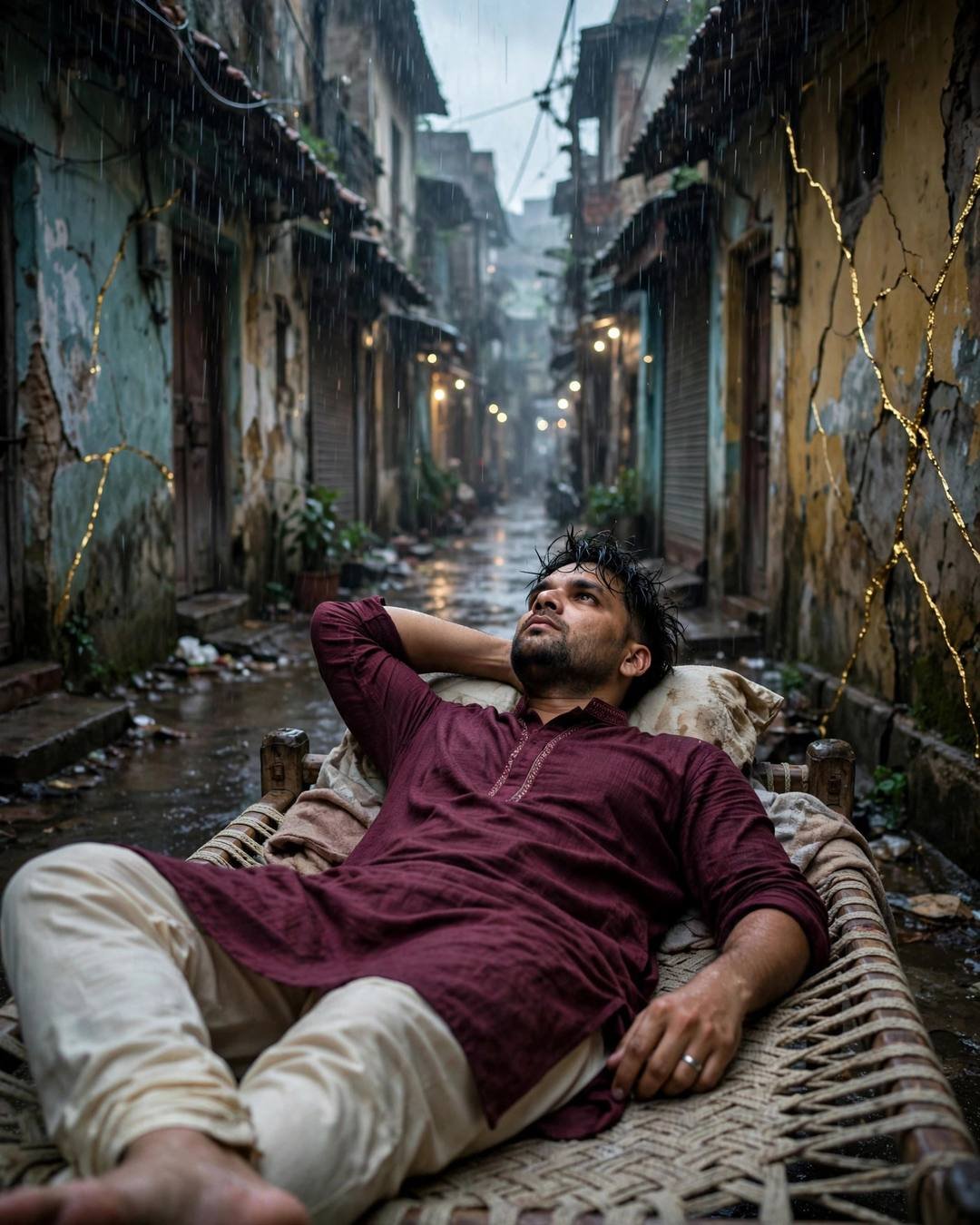 Man in maroon kurta reclining on a charpai in a rainy old-city lane with gold-filled wall cracks