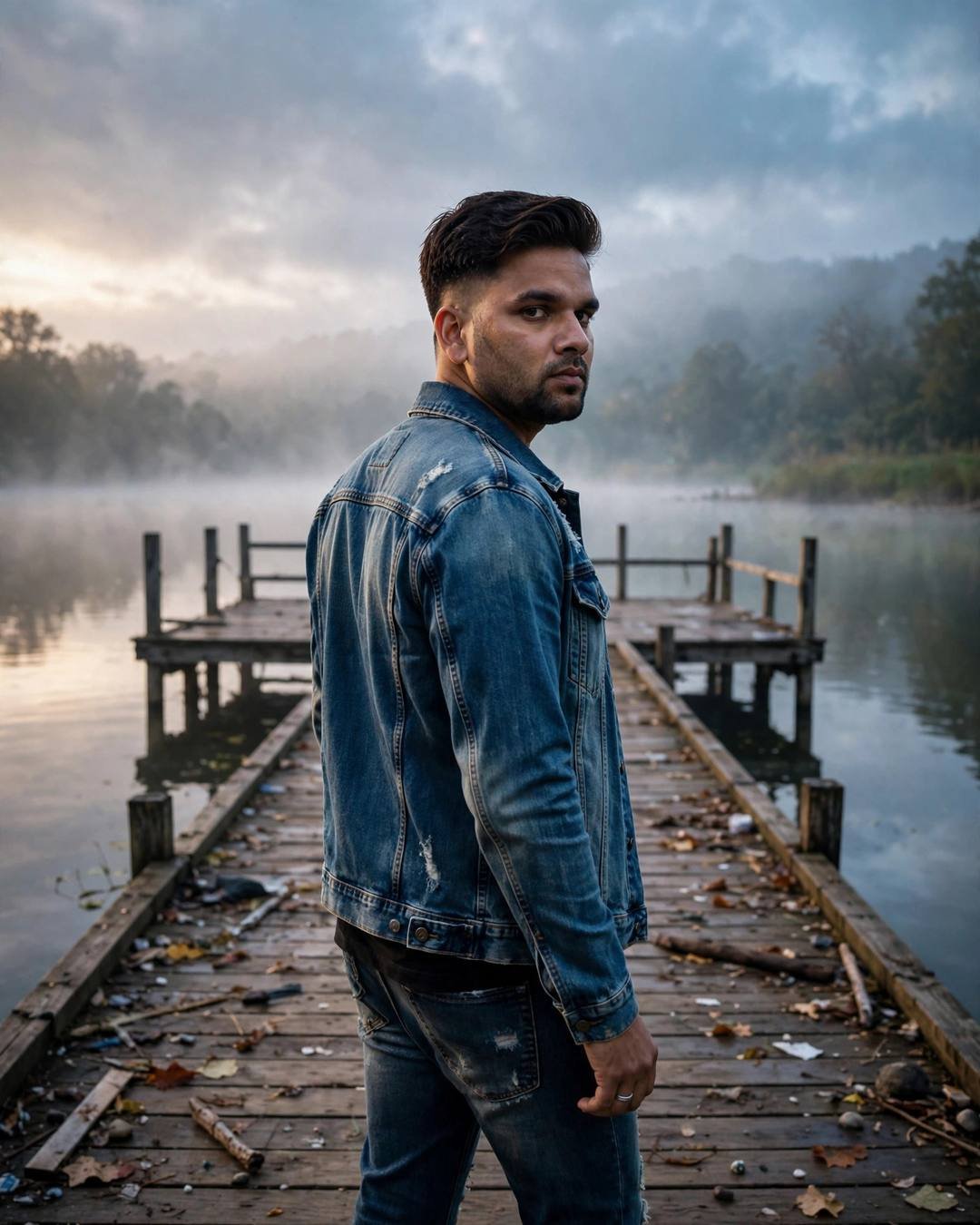 Young Indian man in denim jacket standing on a misty lake pier at dawn