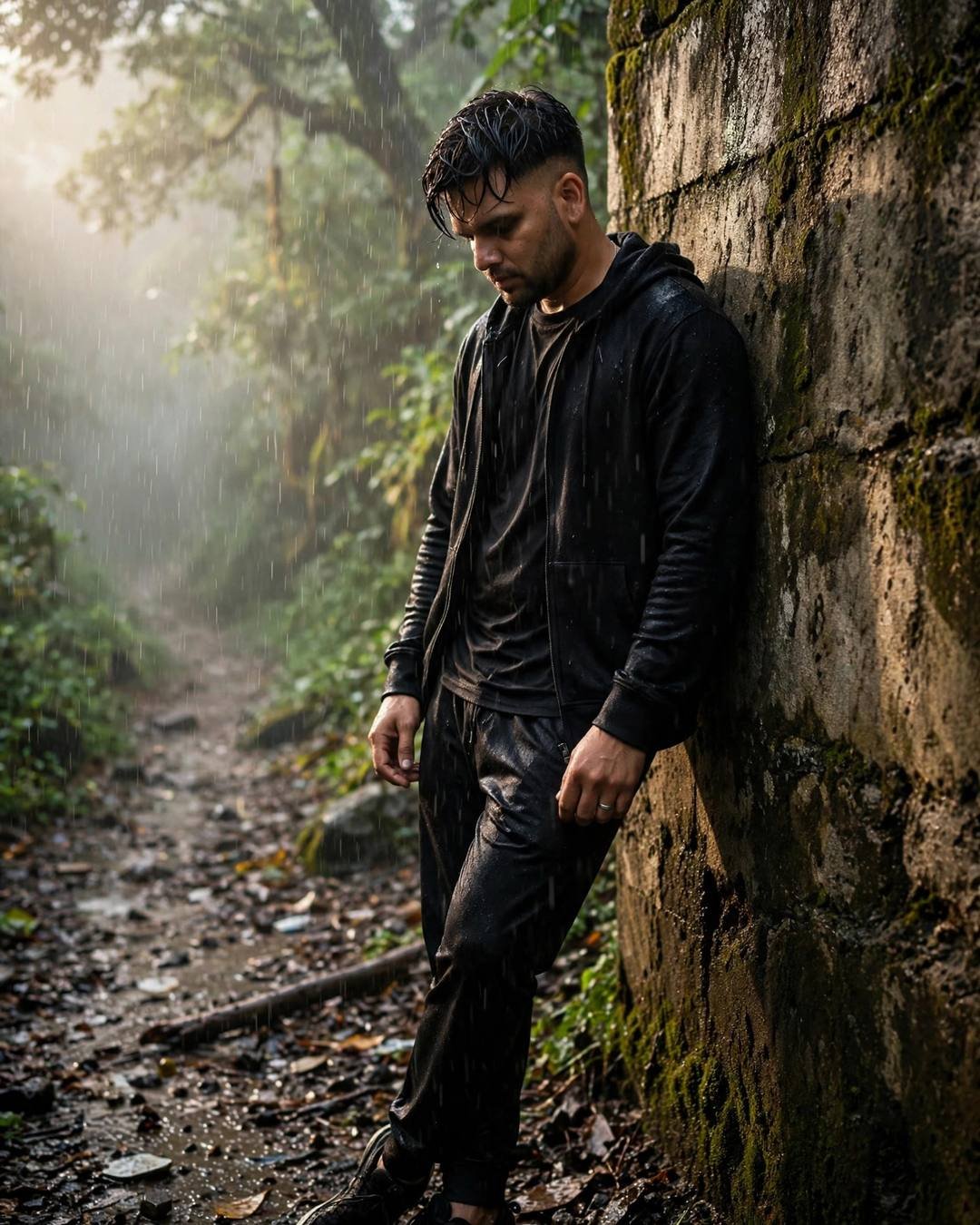 Young Indian man leaning against a mossy wall in monsoon rain, head bowed