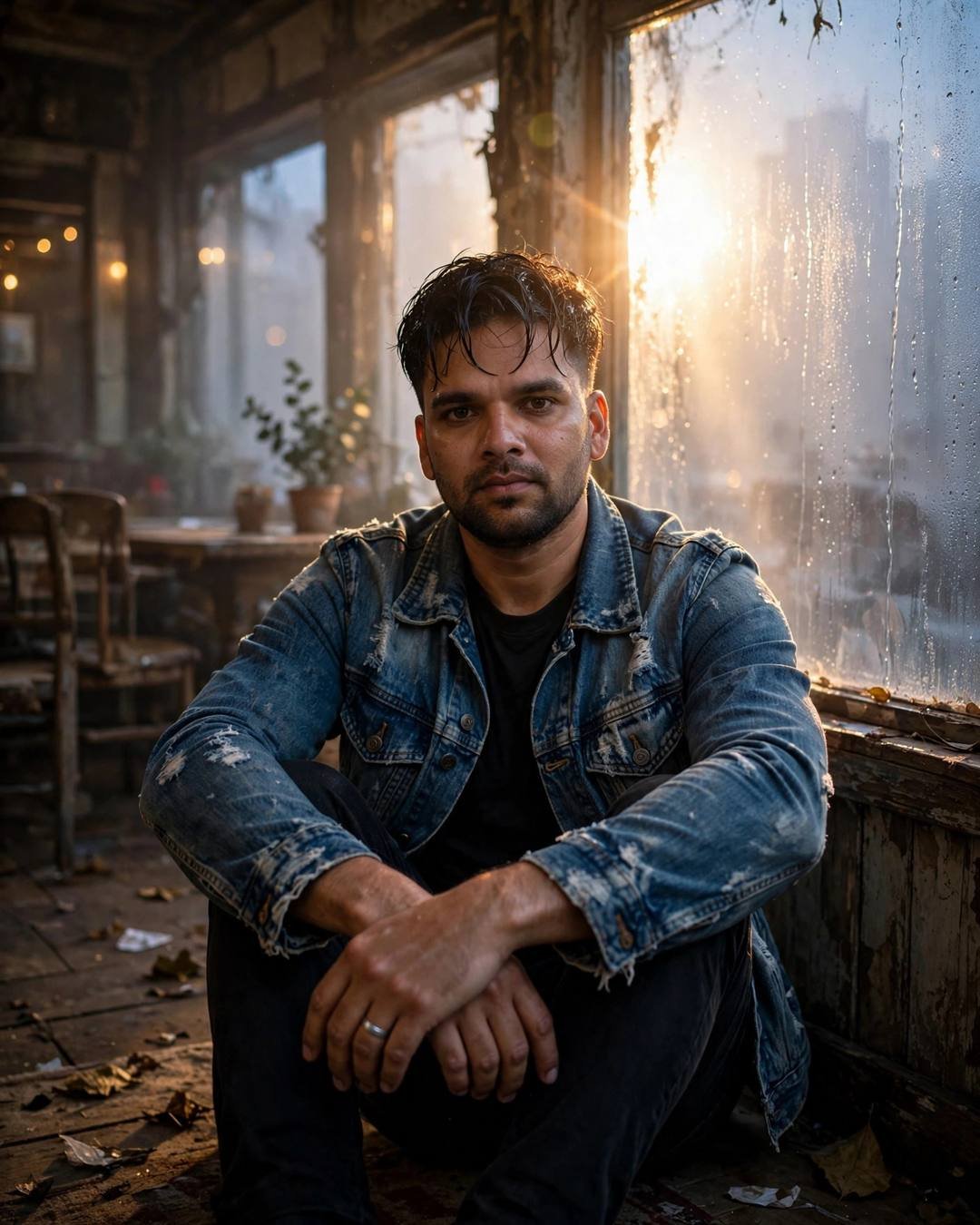 Young Indian man sitting by a fogged cafe window at dusk, knees drawn up