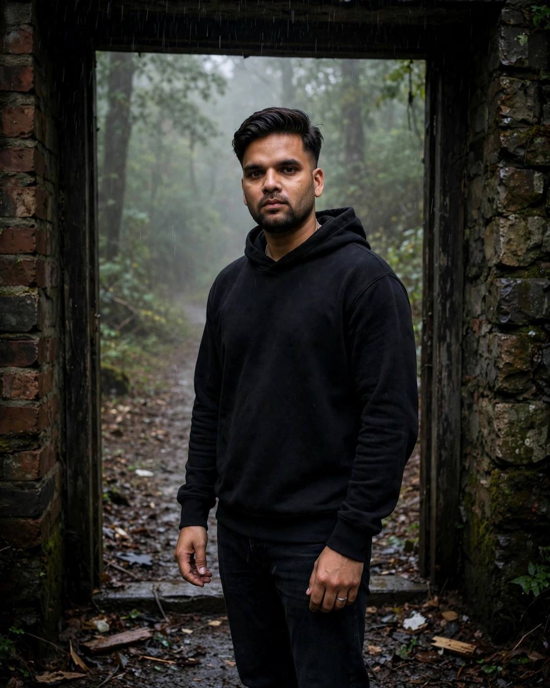 Young Indian man in black hoodie standing in a stone doorway, misty forest behind