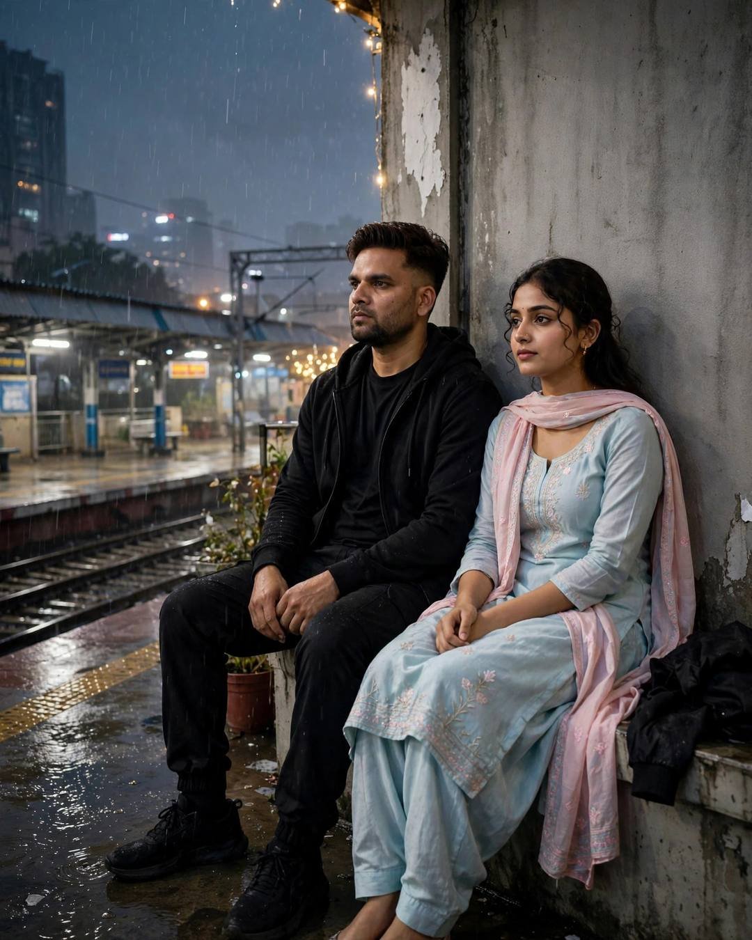 Young couple seated close against a wall on a rainy railway platform at night, city lights glowing through the rain