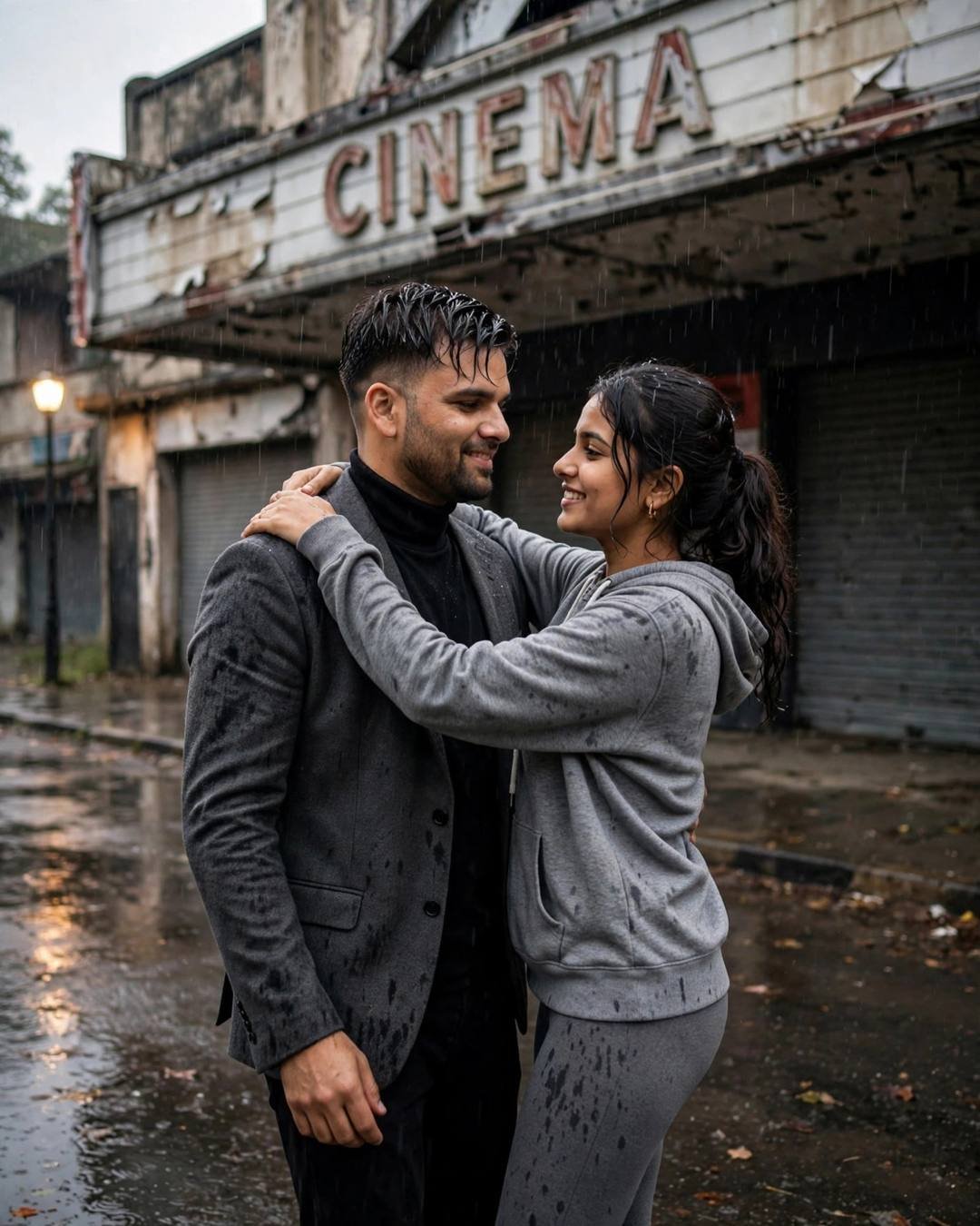 Young couple slow dancing in a wet empty street beneath a rusted cinema marquee, post-rain afternoon light