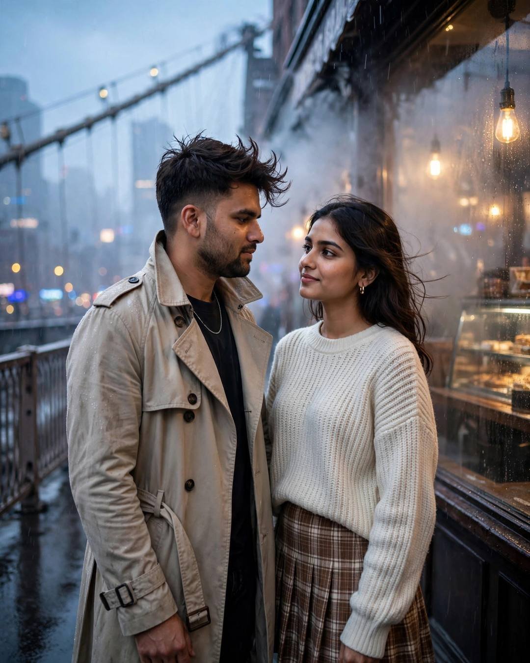 AI couple portrait: man in beige trench coat and woman in cream knit top and plaid skirt on a rain-soaked bridge at dawn
