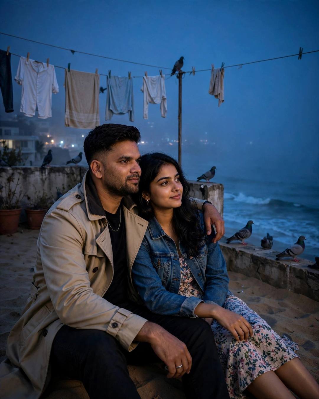 AI couple portrait: man in beige trench coat and woman in denim jacket over floral dress sitting on a foggy seaside terrace at midnight