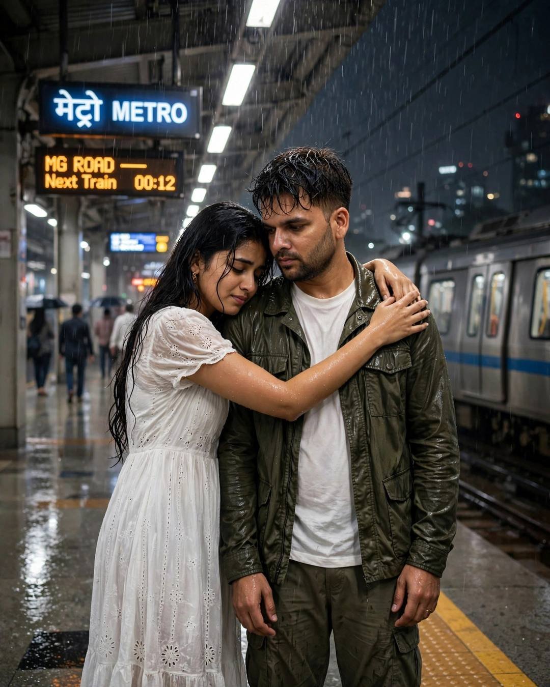 AI couple portrait: man in olive field jacket embracing woman in white summer dress on a rainy midnight railway platform