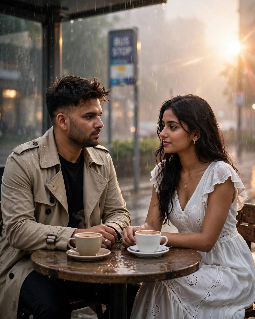 Couple exchanging glances across a small table with coffee cups at a rainy bus stop, golden-hour fog backlight