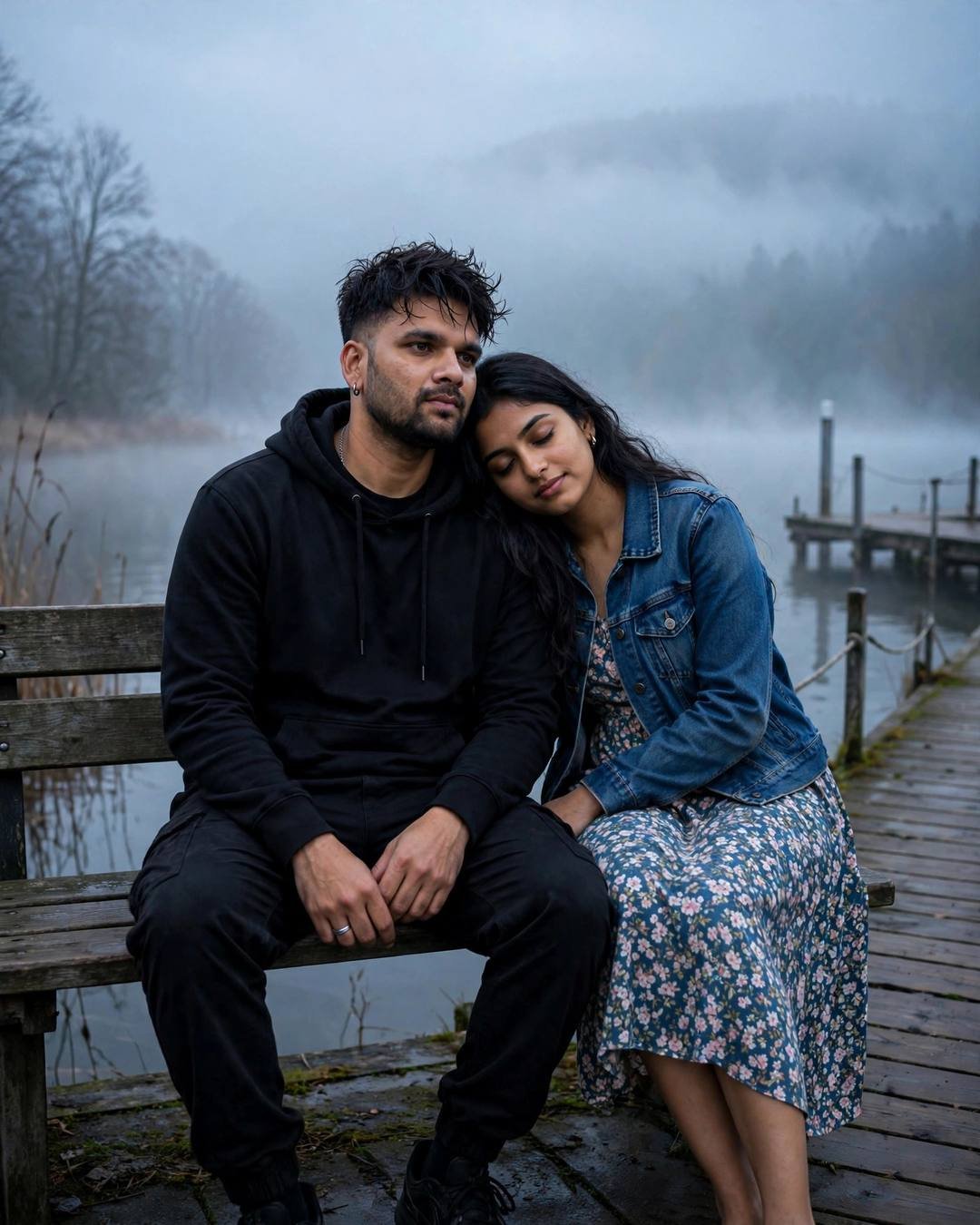 Couple sitting on a bench at a foggy lake pier at dawn, woman resting head on man's shoulder, man in black streetwear