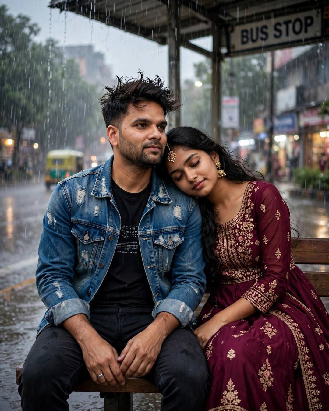 Couple on a bus stop bench in heavy monsoon rain, woman resting head on man's shoulder, man in distressed denim jacket