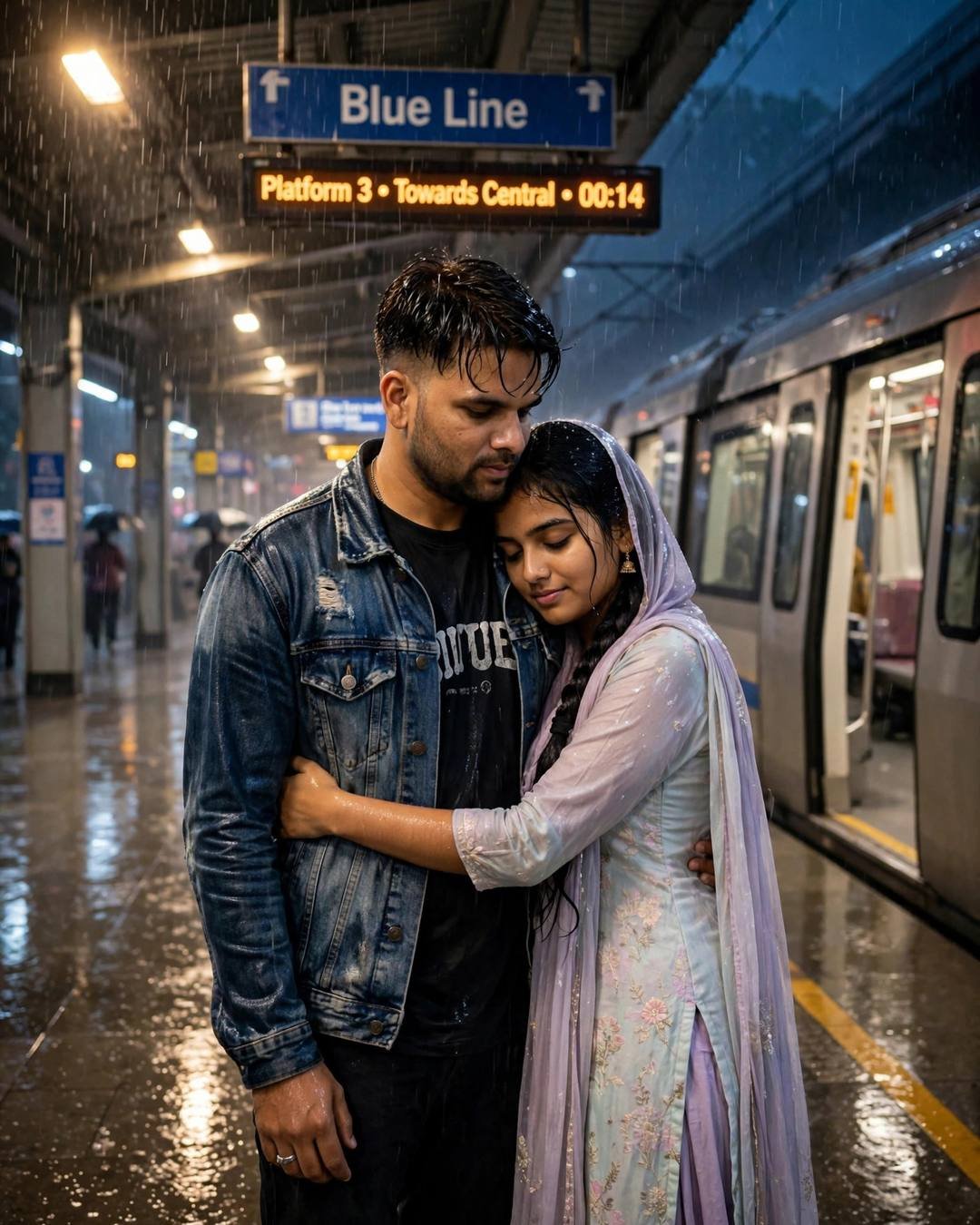 Couple embracing on a rainy midnight metro platform, man in distressed denim jacket, woman in pastel salwar-kameez with dupatta