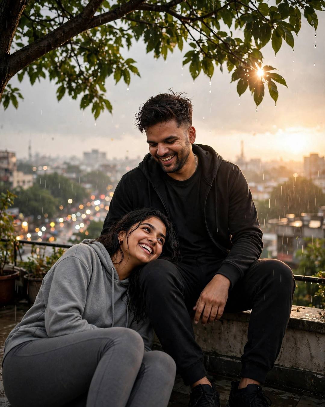 Couple laughing together on a rooftop under a tree at golden hour, man in black streetwear, woman in grey hoodie