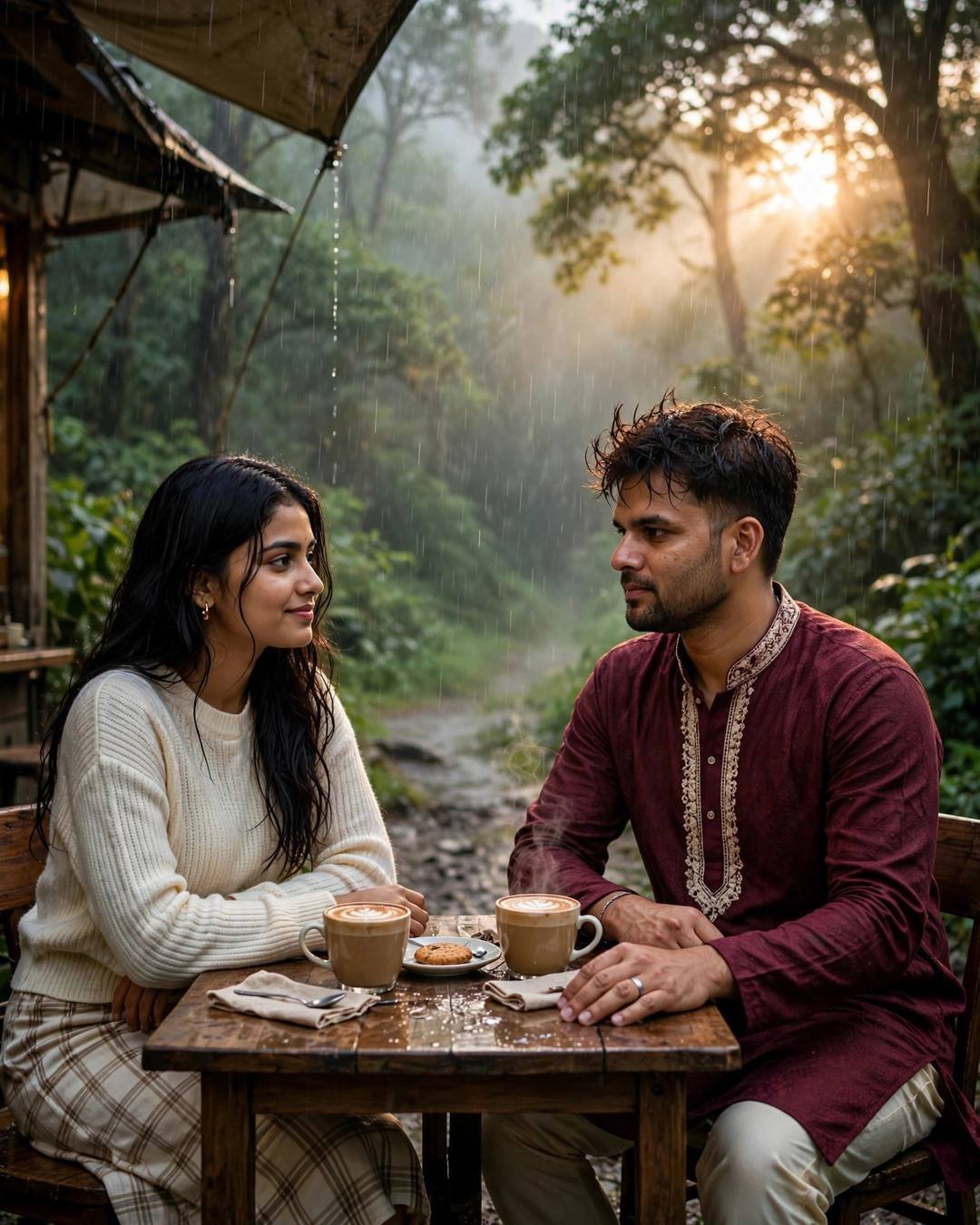 Couple sitting across a small cafe table with coffee cups on a misty forest path during monsoon rain, warm golden backlight